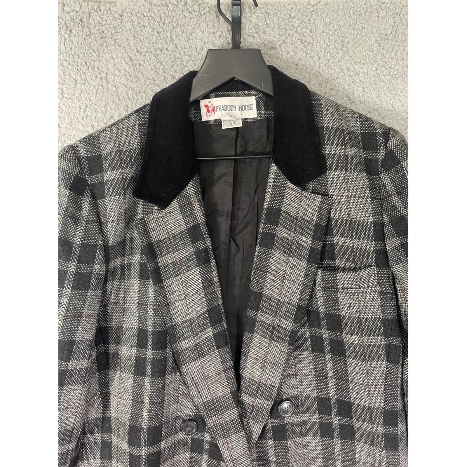 Vintage Plaid Blazer Womens 5 6 Gray Wool Jacket Velvet Collar Academia S - Thumbnail 7