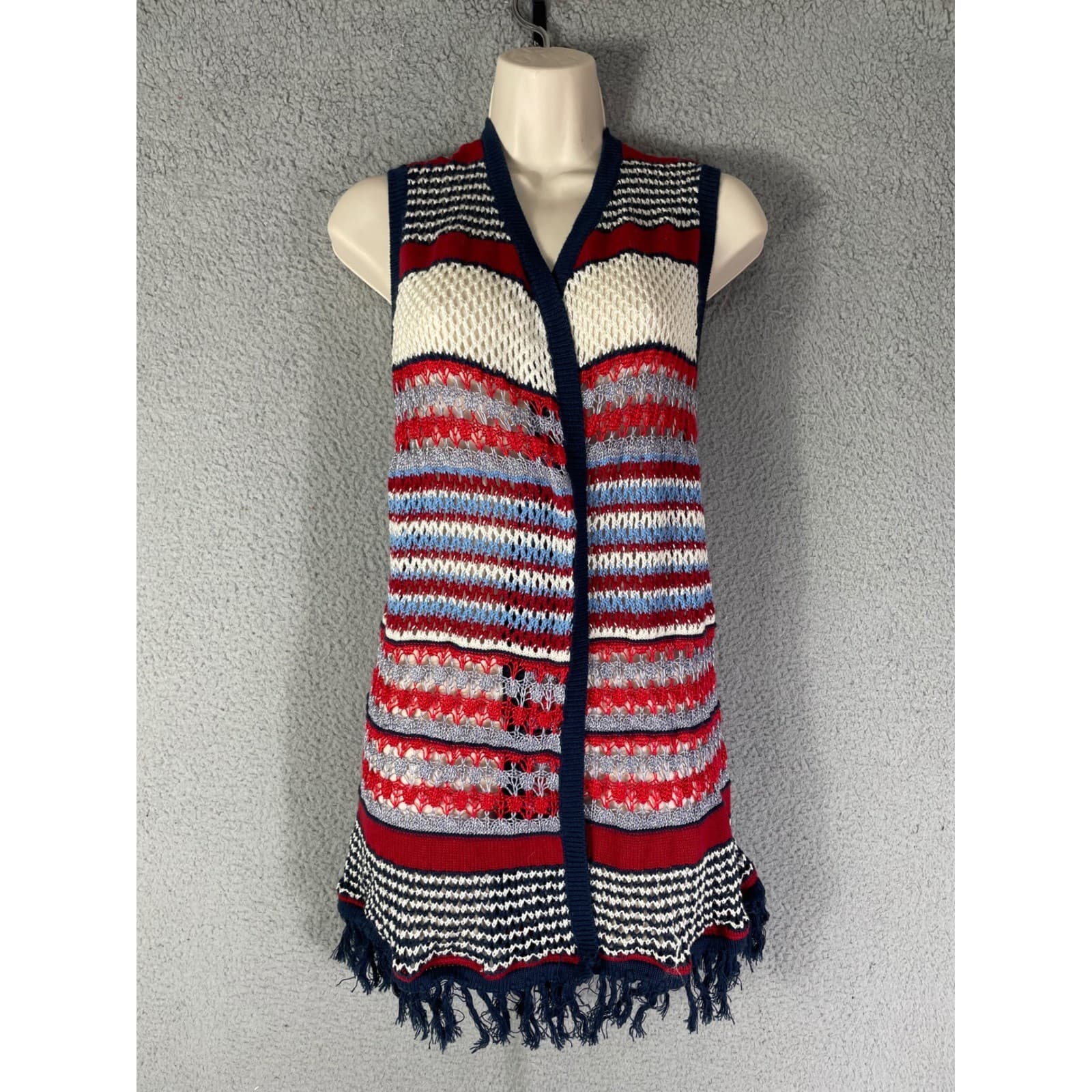 Est. 1946 Patriotic Knit Fringe Vest Medium M Red White Blue Americana Cardigan - Thumbnail 2