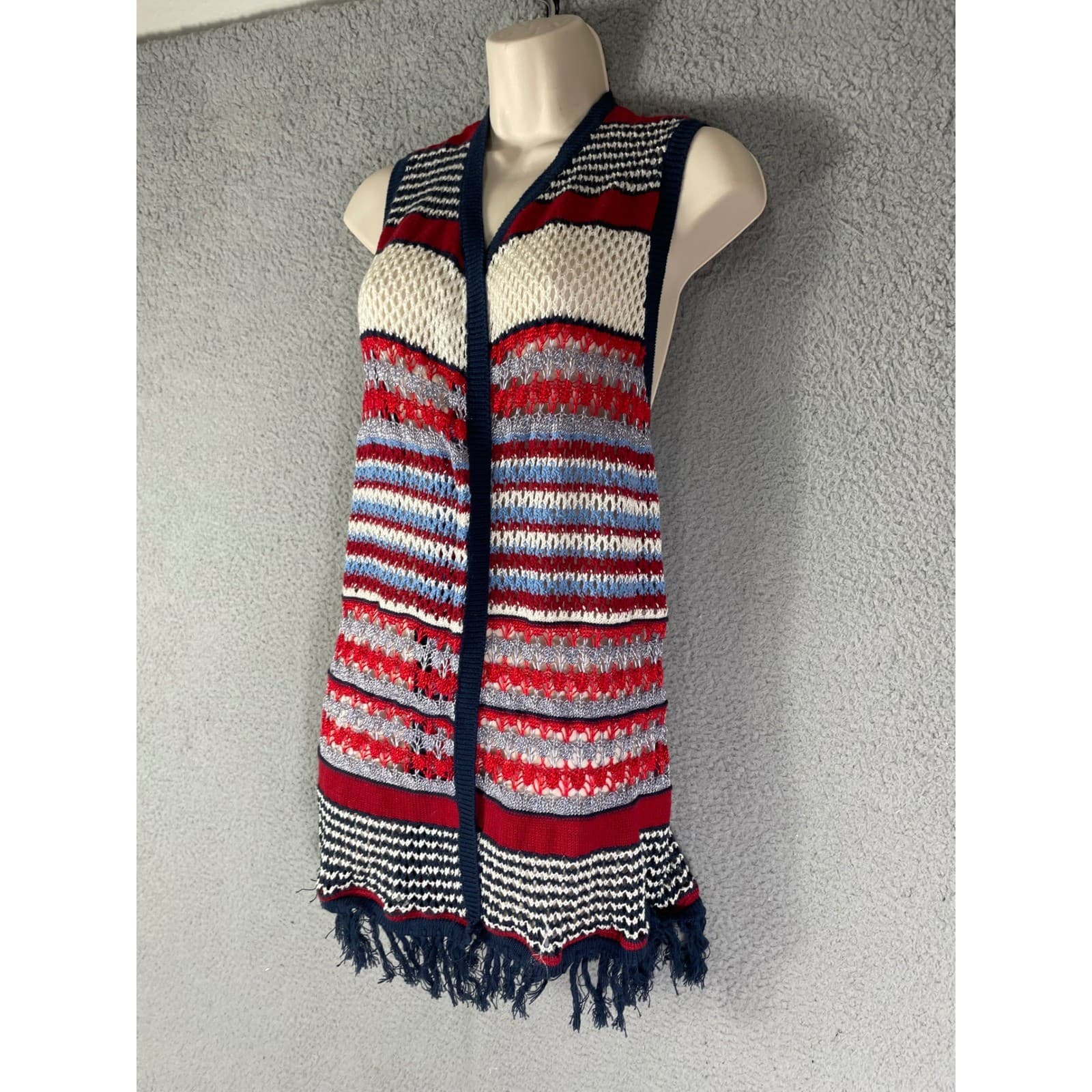Est. 1946 Patriotic Knit Fringe Vest Medium M Red White Blue Americana Cardigan - Thumbnail 5