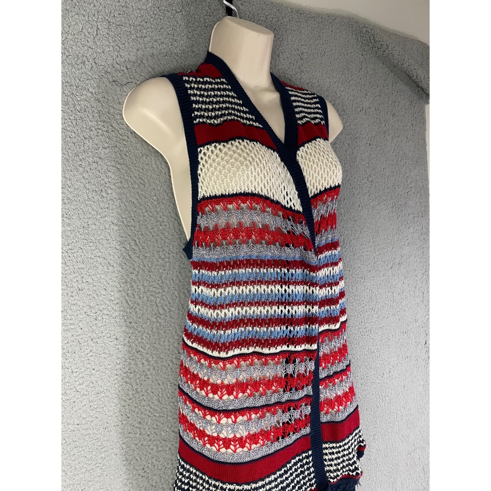 Est. 1946 Patriotic Knit Fringe Vest Medium M Red White Blue Americana Cardigan - Thumbnail 3