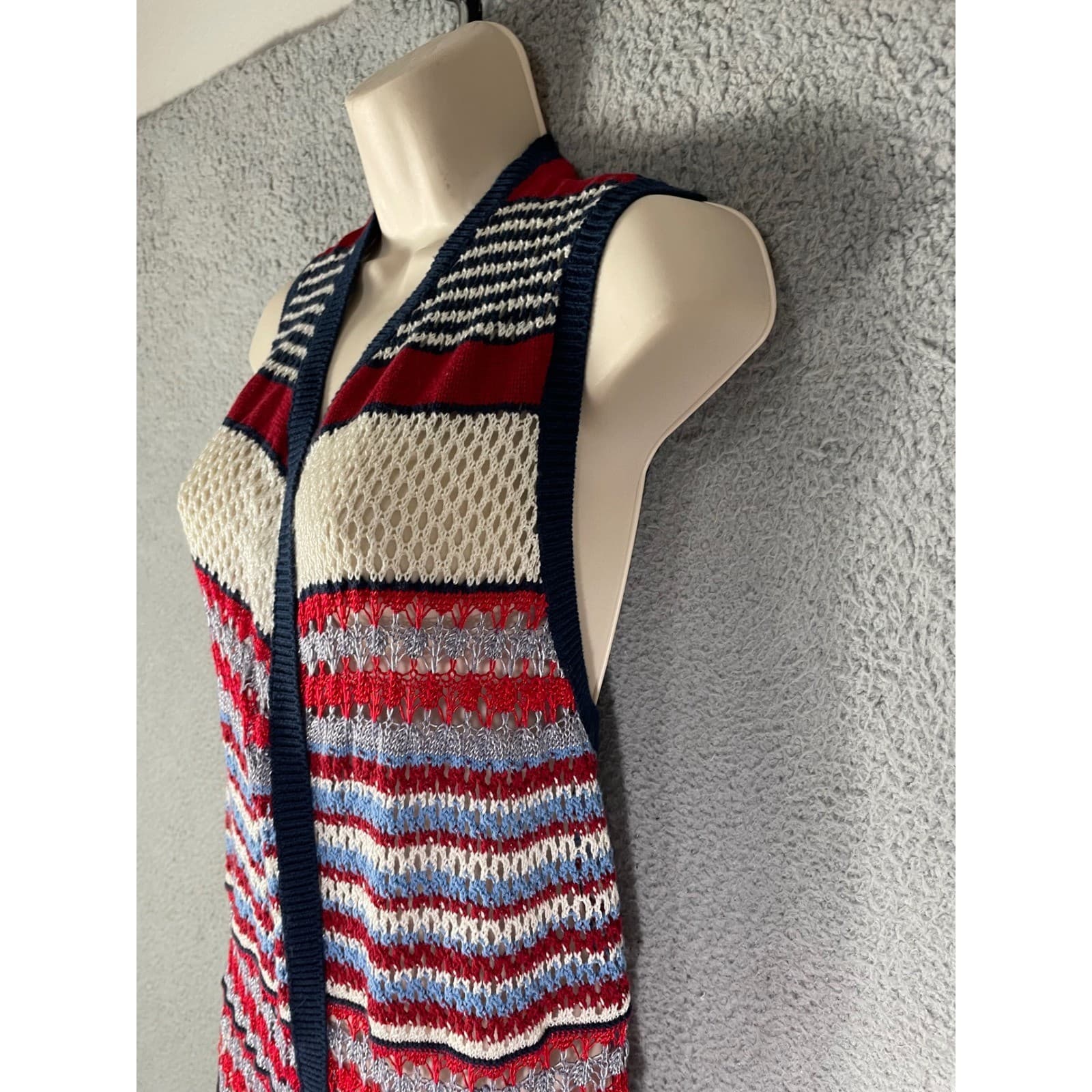 Est. 1946 Patriotic Knit Fringe Vest Medium M Red White Blue Americana Cardigan - Thumbnail 6