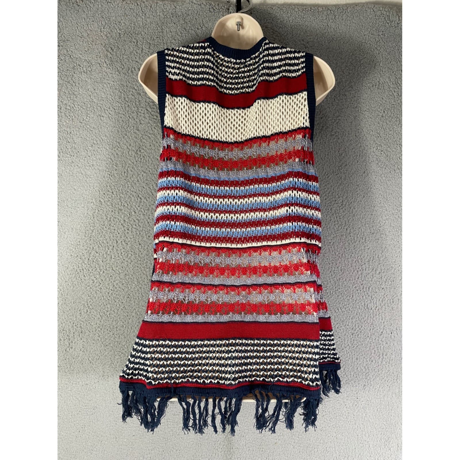 Est. 1946 Patriotic Knit Fringe Vest Medium M Red White Blue Americana Cardigan - Thumbnail 9