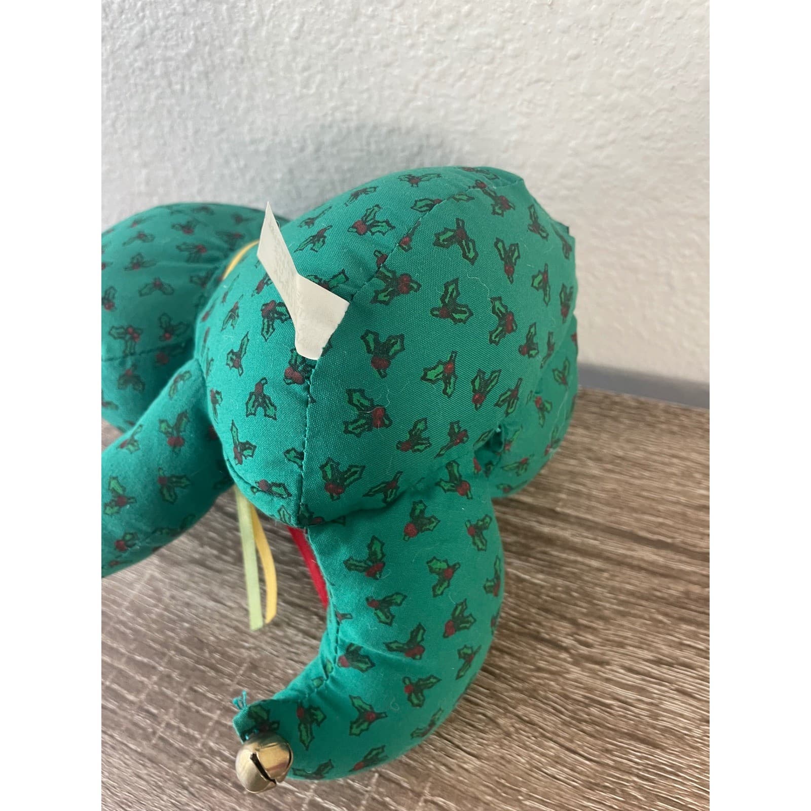 Vintage Handmade Christmas Fabric Teddy Bear 11" Green Holly Calico Button Eyes - Thumbnail 10