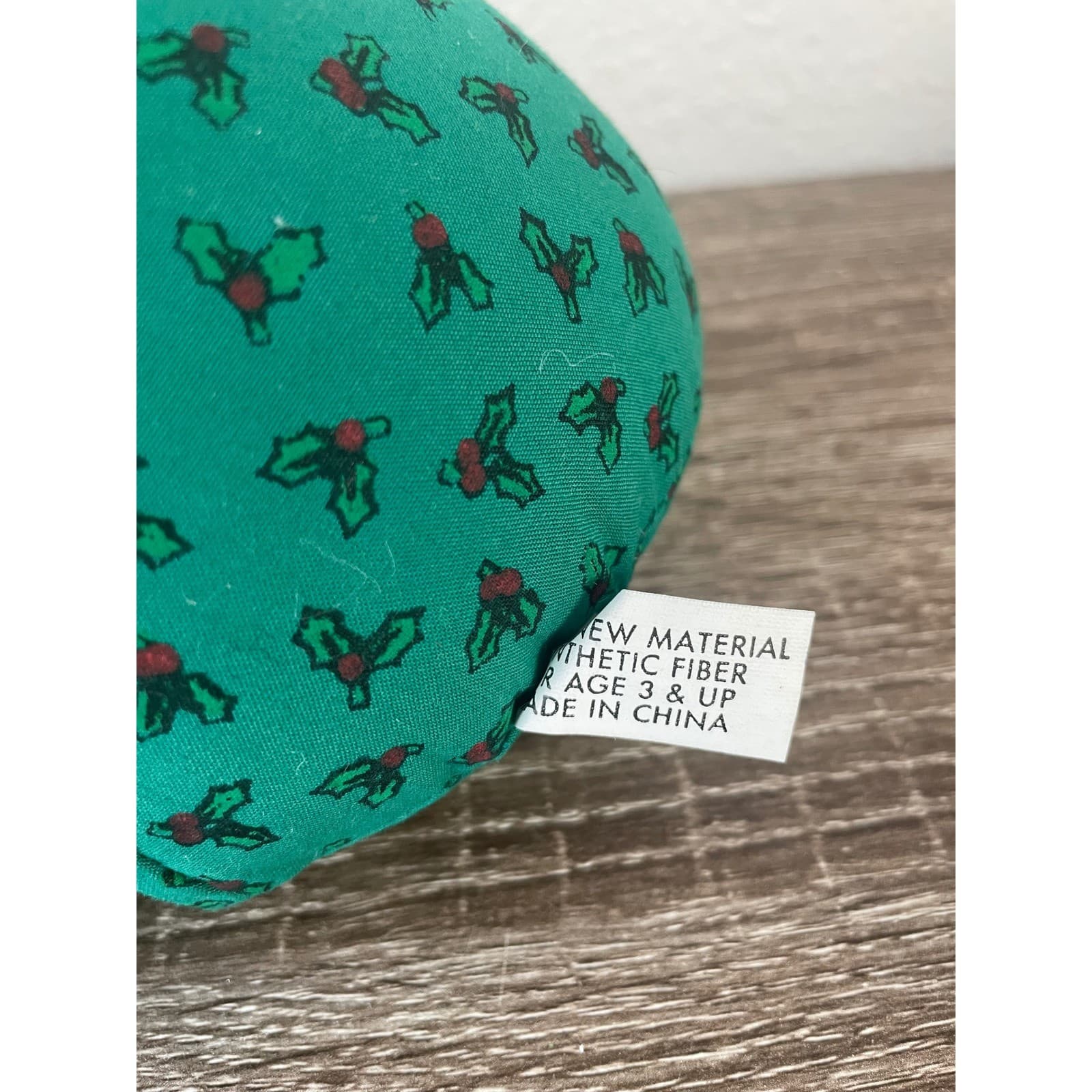 Vintage Handmade Christmas Fabric Teddy Bear 11" Green Holly Calico Button Eyes - Thumbnail 3