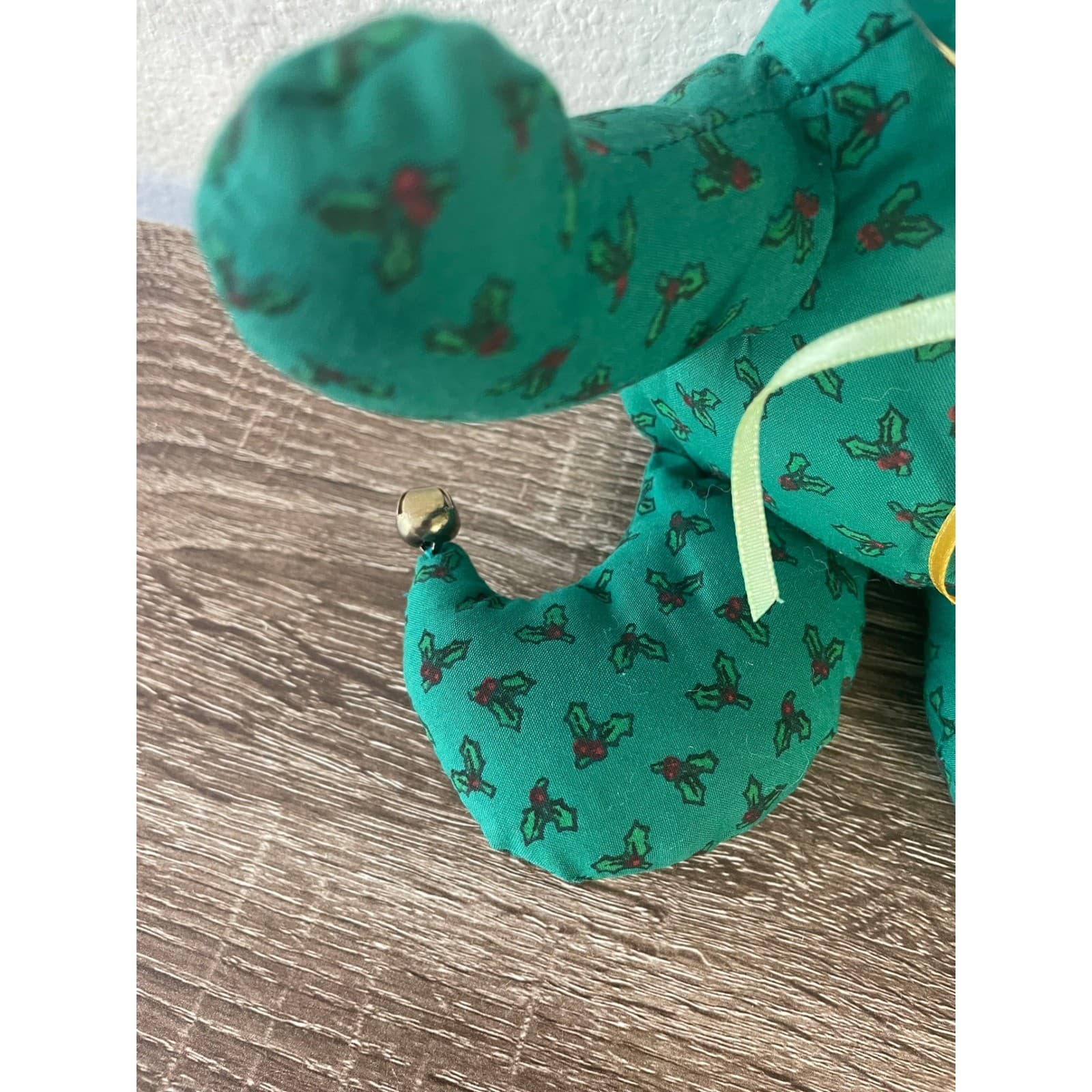 Vintage Handmade Christmas Fabric Teddy Bear 11" Green Holly Calico Button Eyes - Thumbnail 7