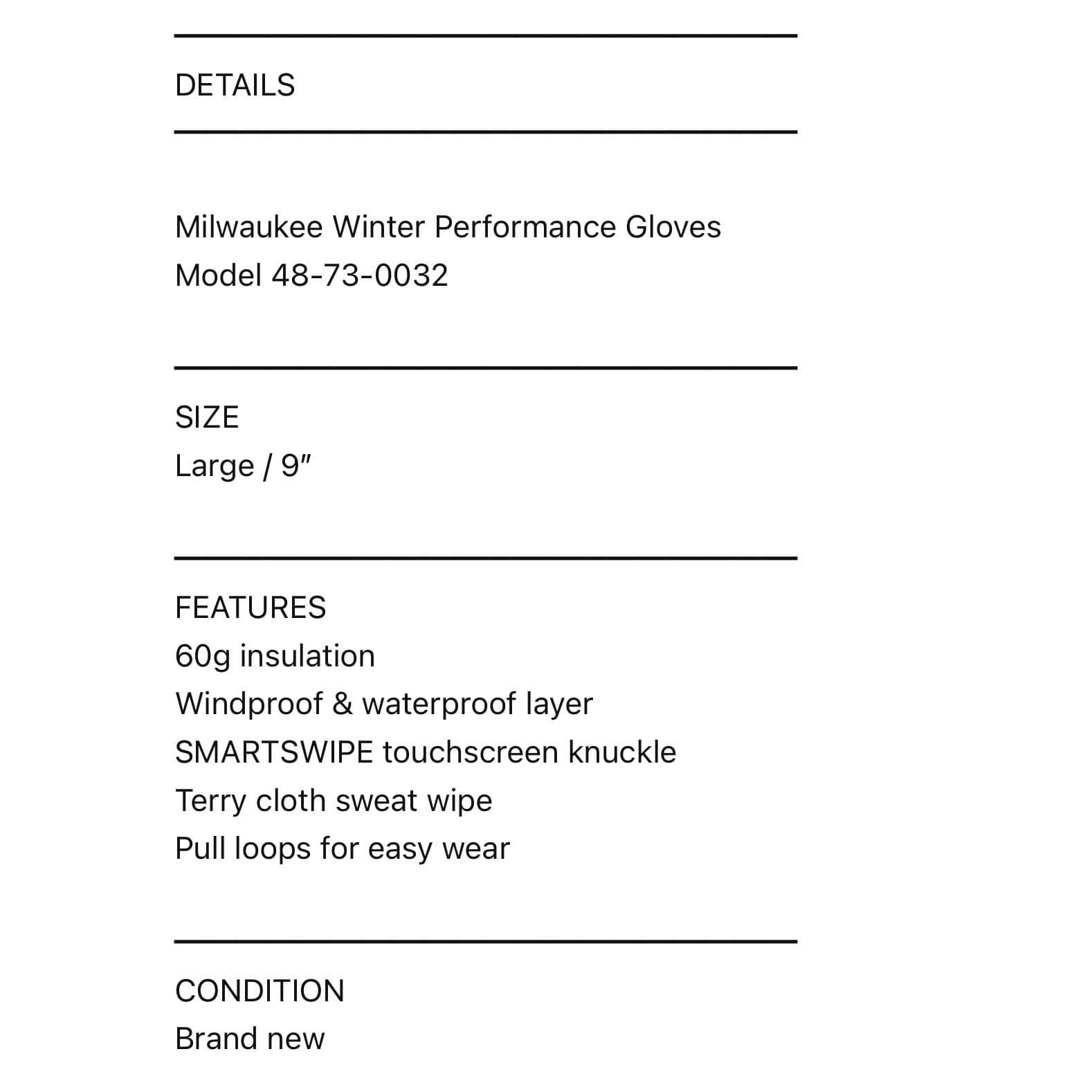 Milwaukee Winter Performance Gloves 48-73-0032 Black Red Insulated Mens Large - Thumbnail 2