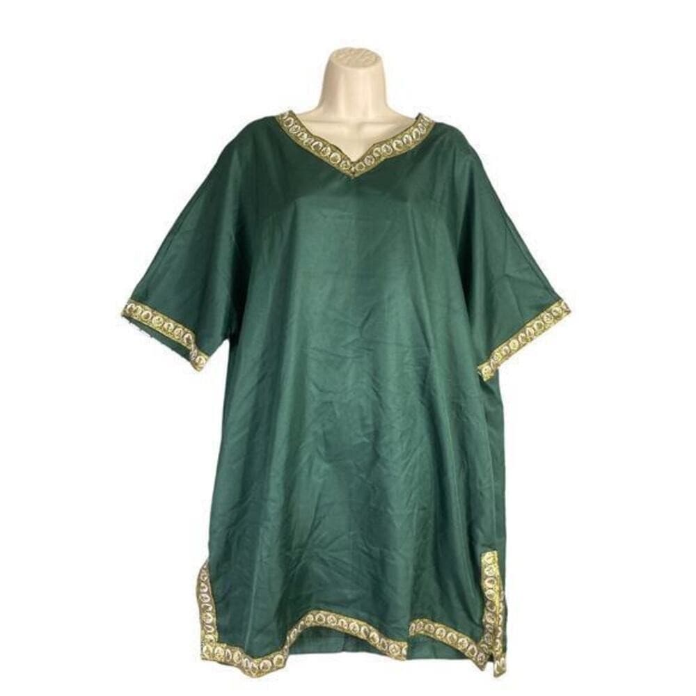 Women's XL Costume Emerald Green Long Kaftan Gold Embroidery Formal Dress - Thumbnail 2