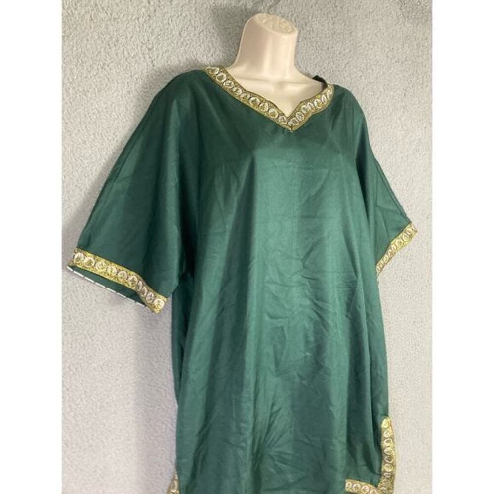 Women's XL Costume Emerald Green Long Kaftan Gold Embroidery Formal Dress - Thumbnail 3