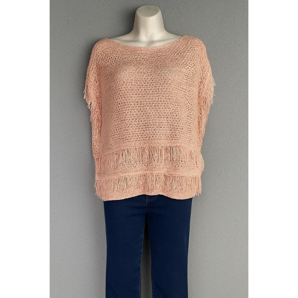 WHBM Pink Open Knit Fringe Sweater M Lightweight Boho Pullover Cozycore Romantic - Thumbnail 2