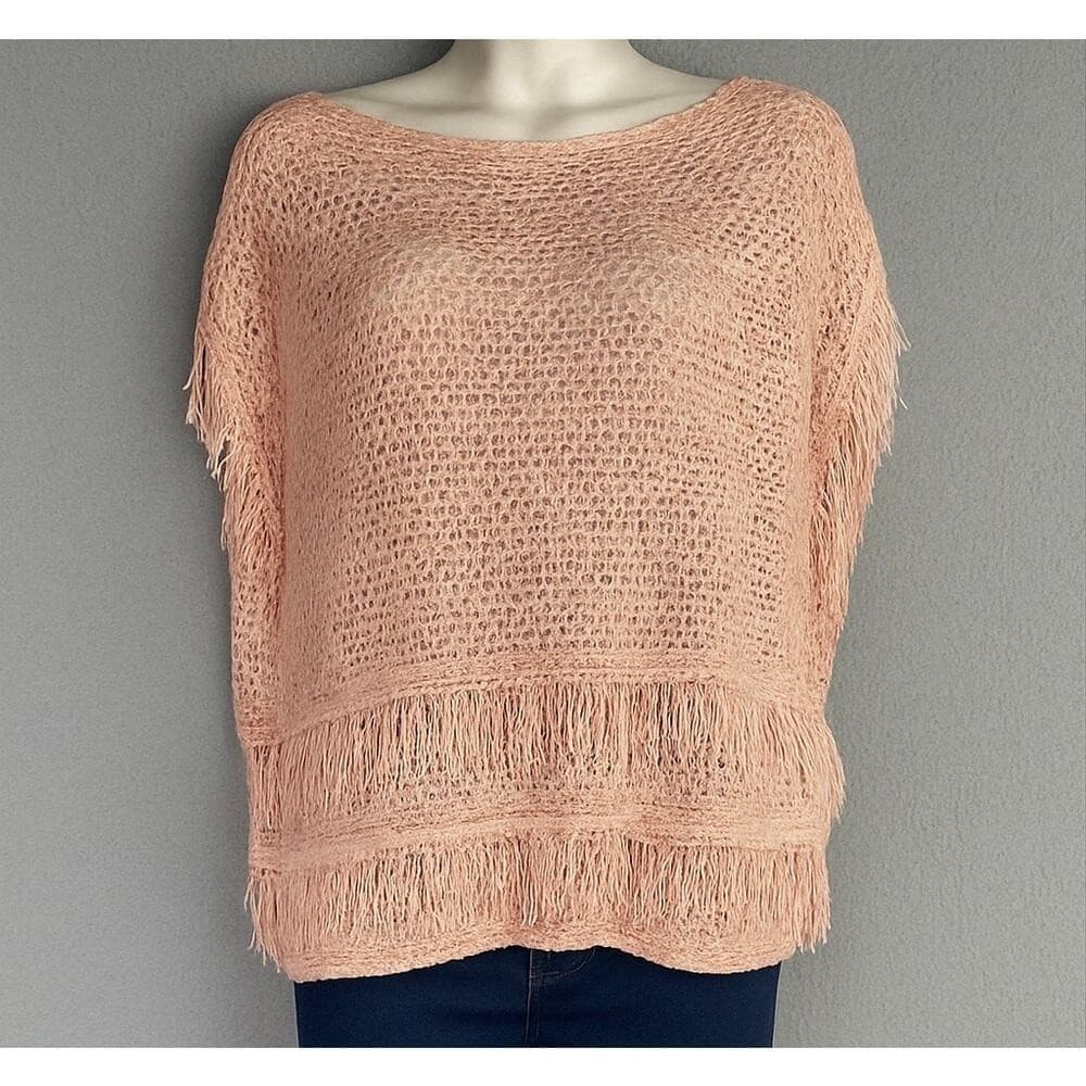 WHBM Pink Open Knit Fringe Sweater M Lightweight Boho Pullover Cozycore Romantic - Thumbnail 3