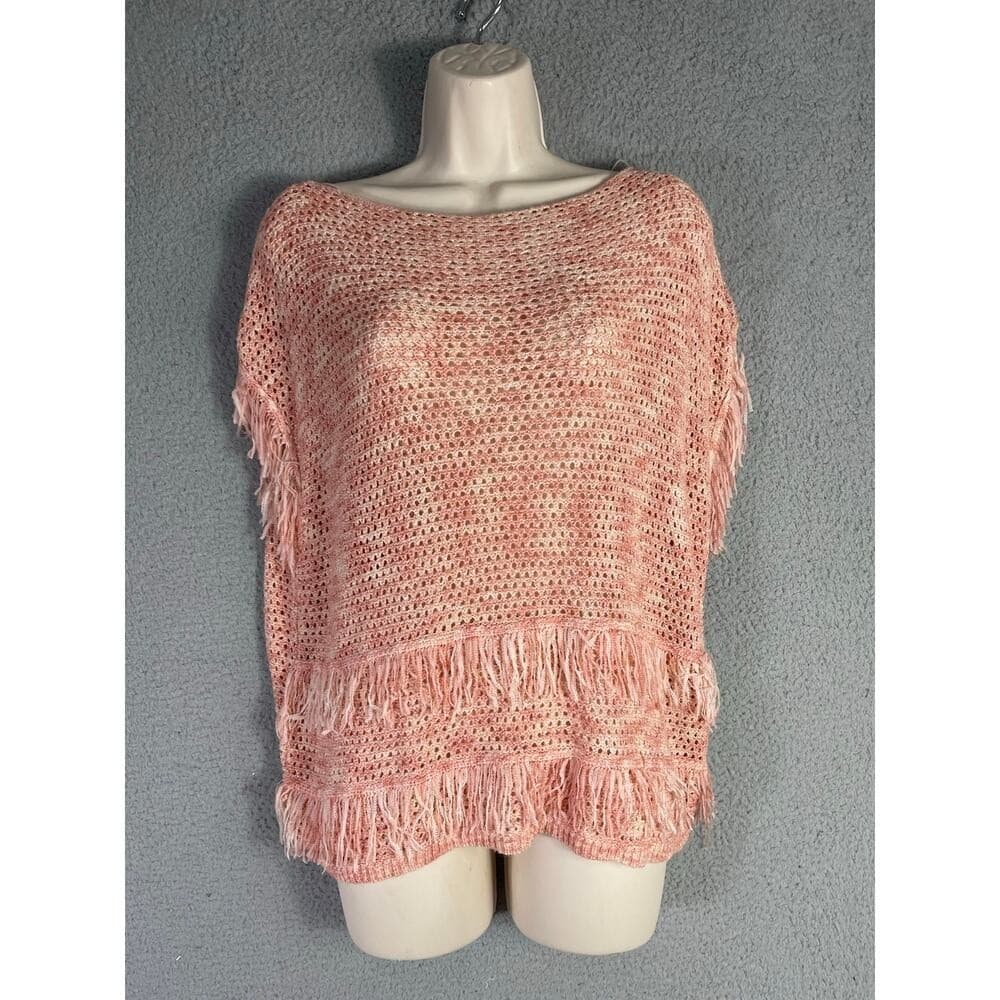 WHBM Pink Open Knit Fringe Sweater M Lightweight Boho Pullover Cozycore Romantic - Thumbnail 4