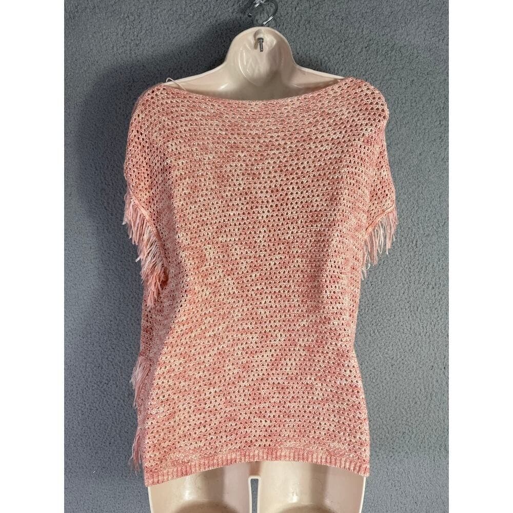 WHBM Pink Open Knit Fringe Sweater M Lightweight Boho Pullover Cozycore Romantic - Thumbnail 11