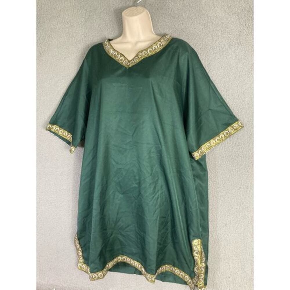 Women's XL Costume Emerald Green Long Kaftan Gold Embroidery Formal Dress - Thumbnail 4