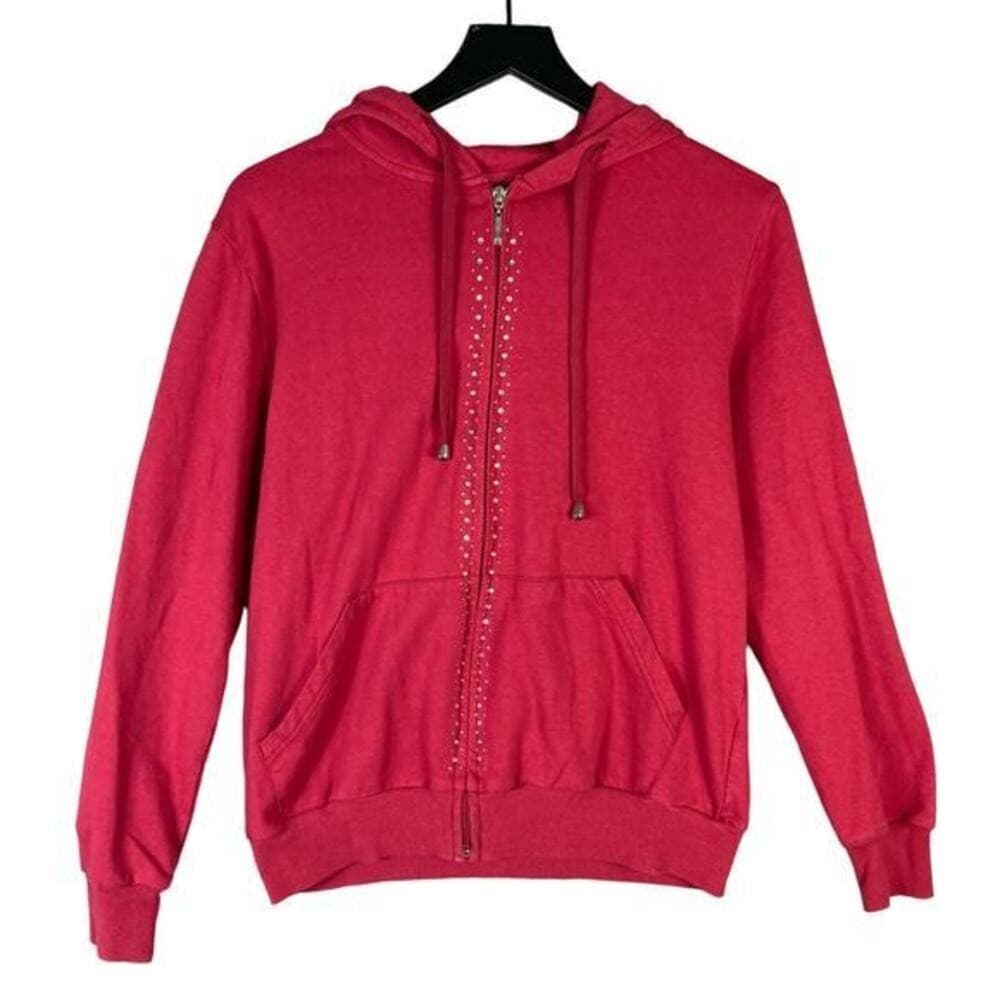 Unisex Red Full Zip Hoodie M Studded Details Drawstring Hood Pockets - Thumbnail 2