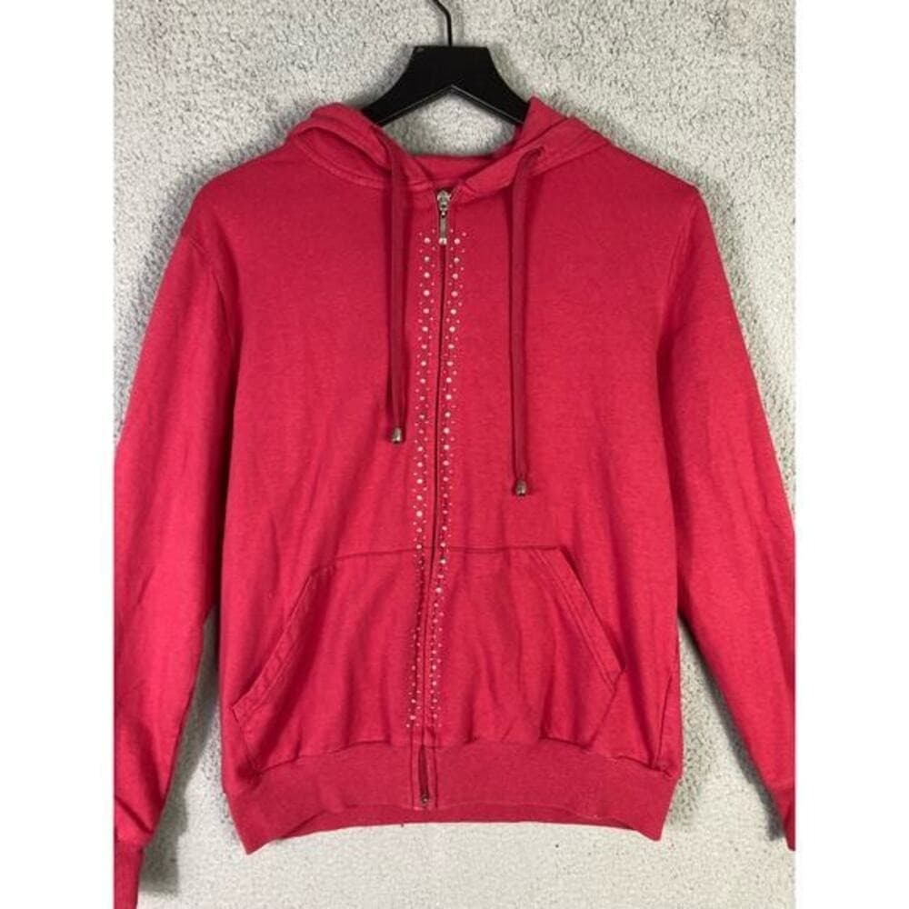 Unisex Red Full Zip Hoodie M Studded Details Drawstring Hood Pockets - Thumbnail 6