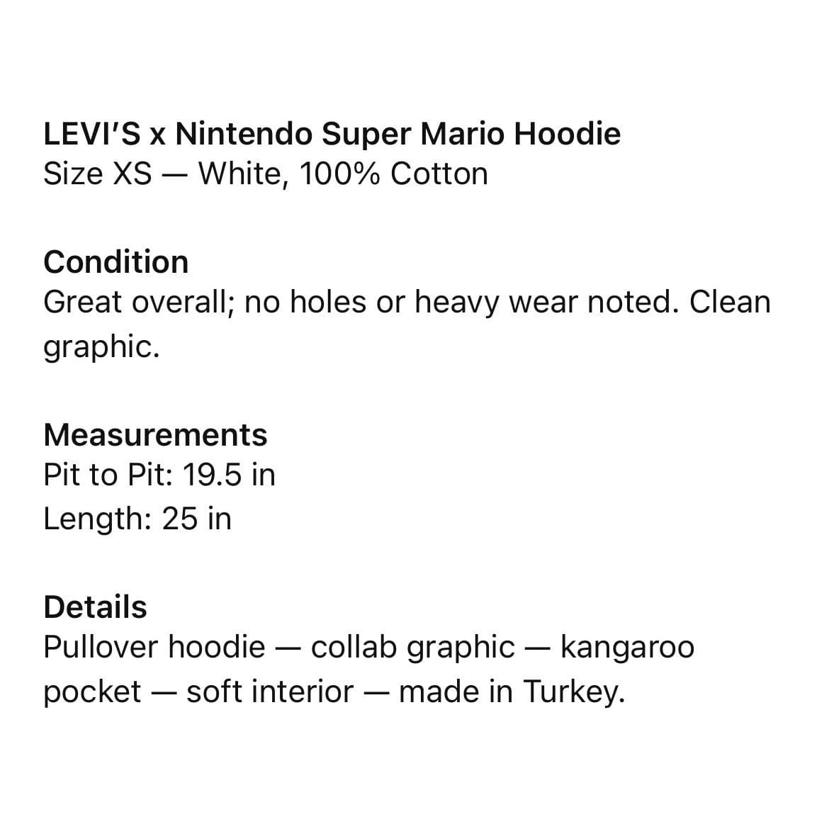 LEVIS x Nintendo Super Mario Hoodie White XS Pullover Graphic Sweatshirt - Thumbnail 4