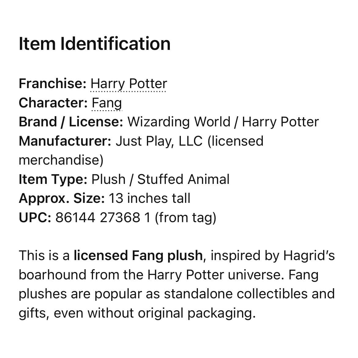 Harry Potter Fang Plush 13" Just Play Hagrid Dog Mastiff Stuffed Animal - Thumbnail 2