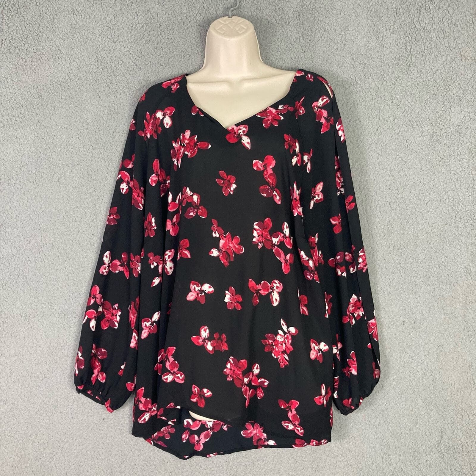 Roz & Ali Floral V-Neck Blouse Black Long Sleeve Women's 2XL Breathable Stylish - Thumbnail 4