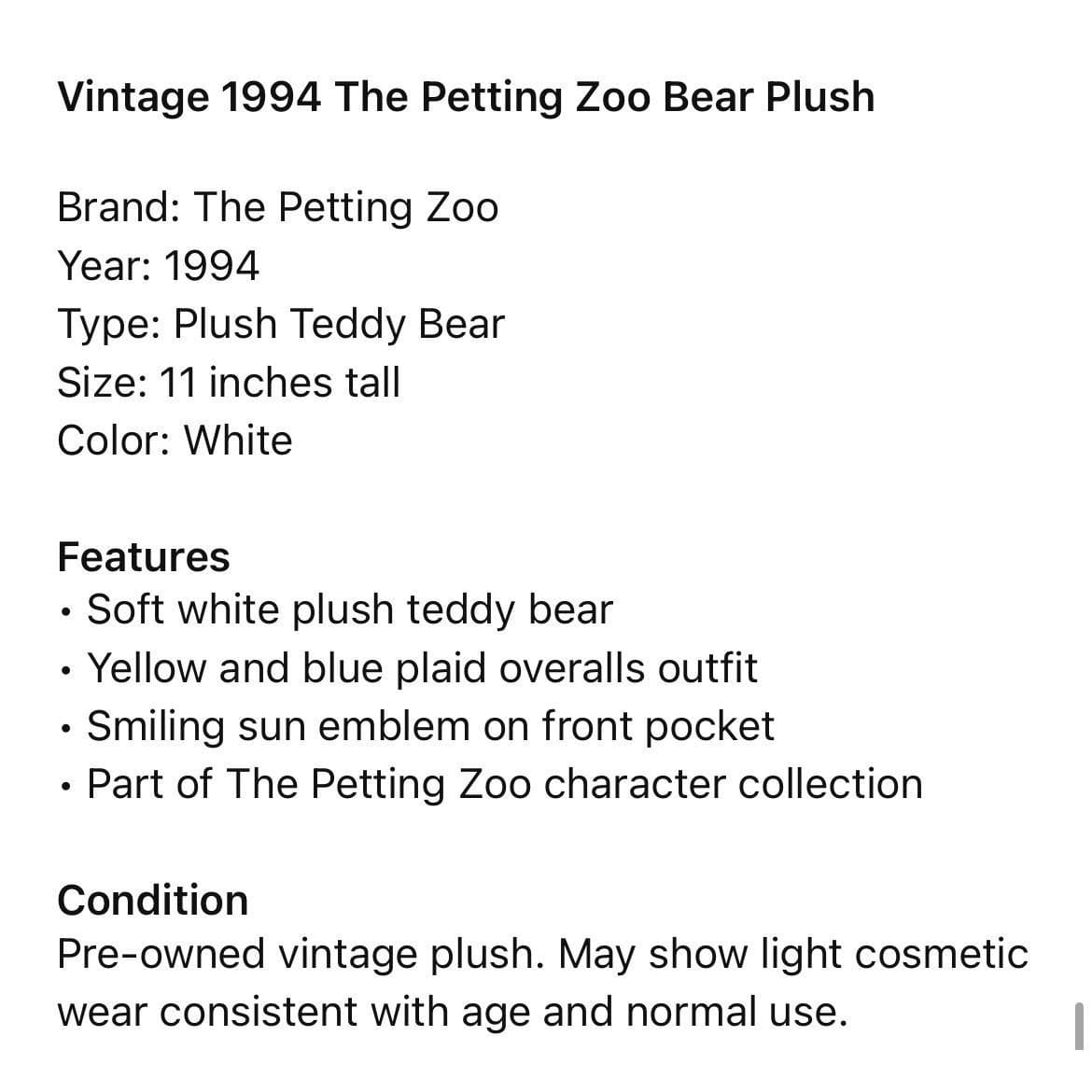 1994 The Petting Zoo Teddy Bear Plush White Sun Overalls Plaid Vintage Toy - Thumbnail 3