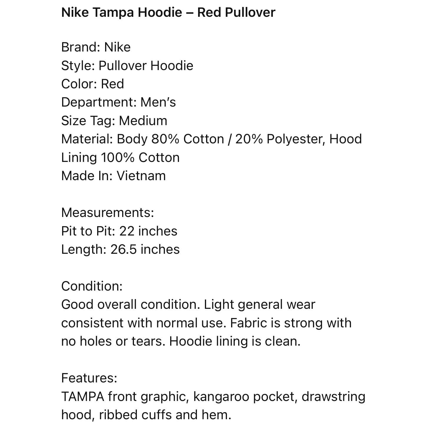 Nike Tampa Red Pullover Hoodie Sweatshirt Men's Medium Kangaroo Pocket - Thumbnail 2