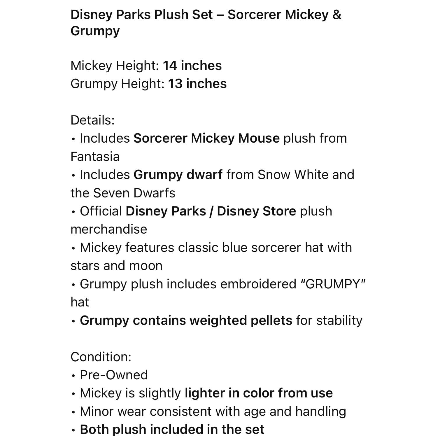Disney Parks Sorcerer Mickey Mouse Grumpy Dwarf Plush Toy Fantasia Lot 2 - Thumbnail 2