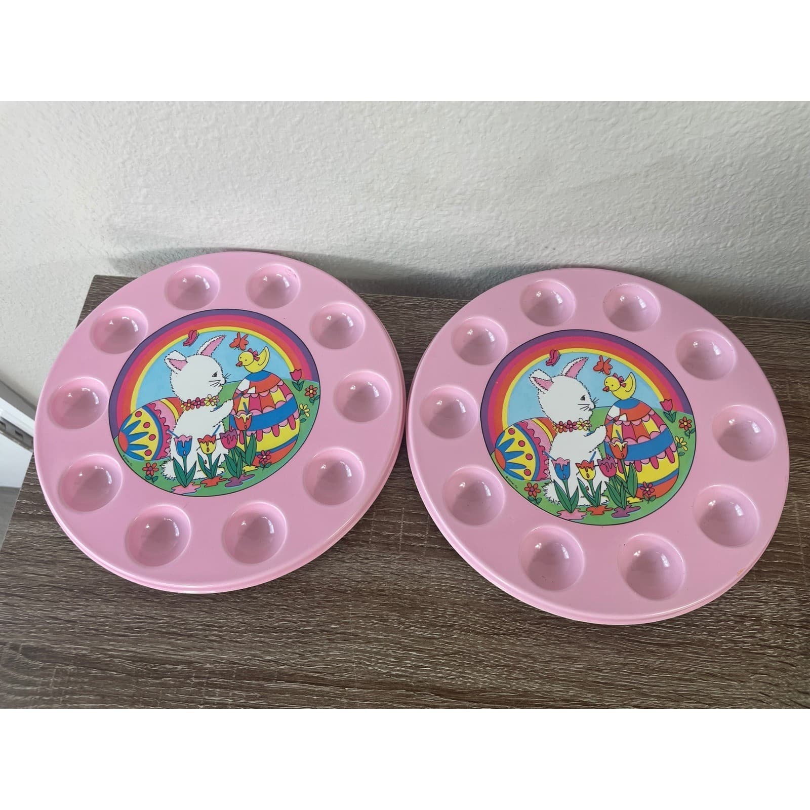 Vintage Ullmanware Easter Egg Tray Set Pink Bunny Chick Rainbow Plastic Display - Thumbnail 2