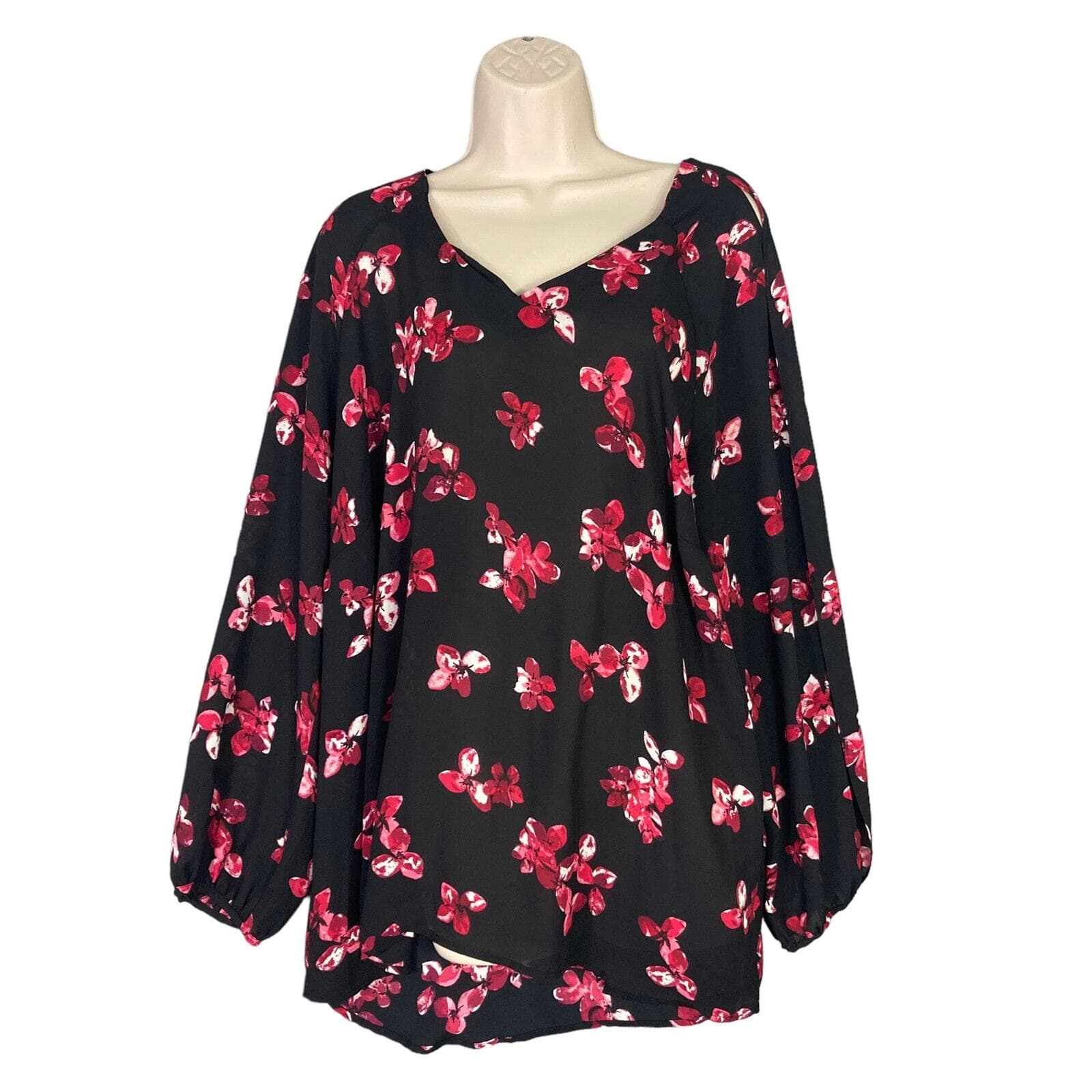 Roz & Ali Floral V-Neck Blouse Black Long Sleeve Women's 2XL Breathable Stylish