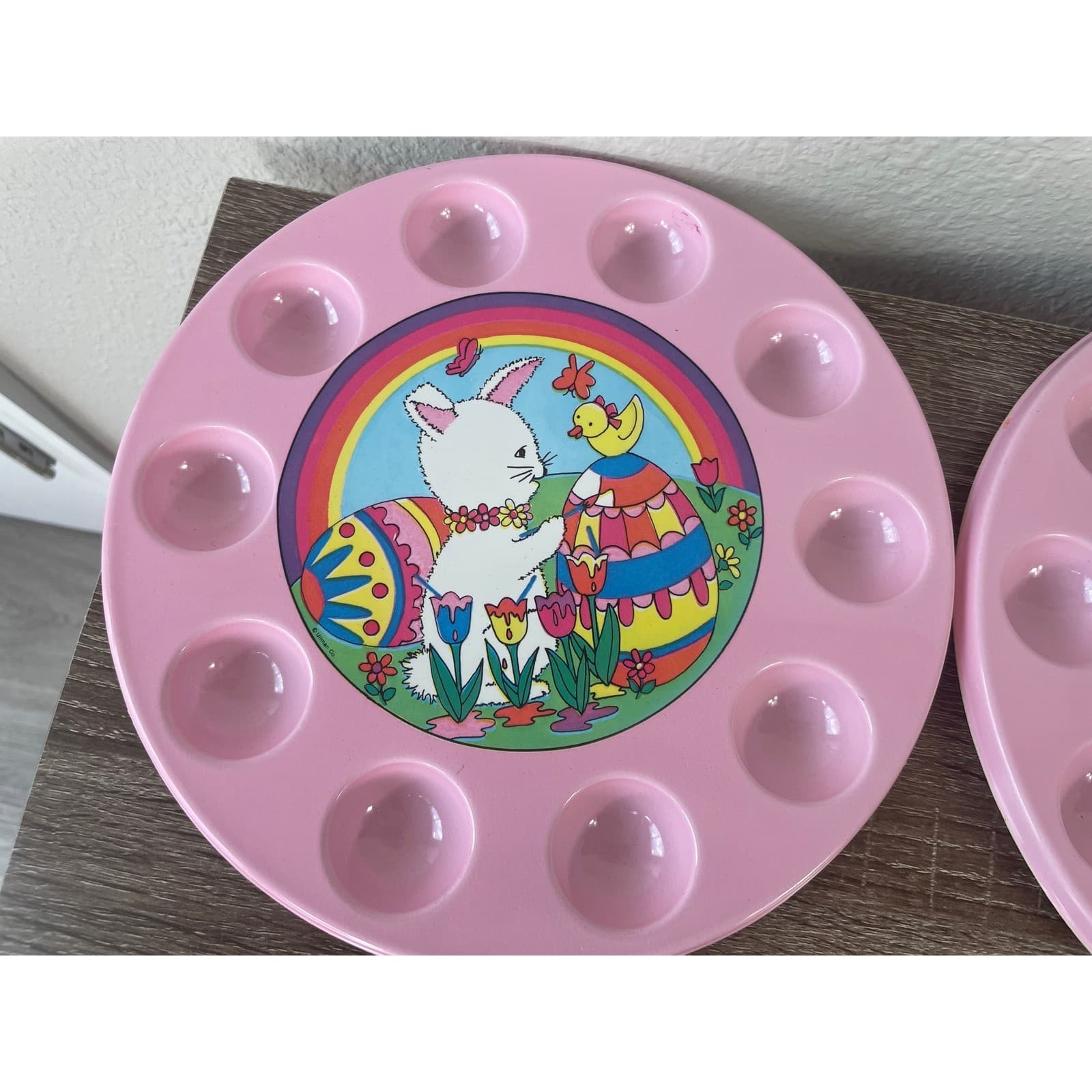 Vintage Ullmanware Easter Egg Tray Set Pink Bunny Chick Rainbow Plastic Display - Thumbnail 4