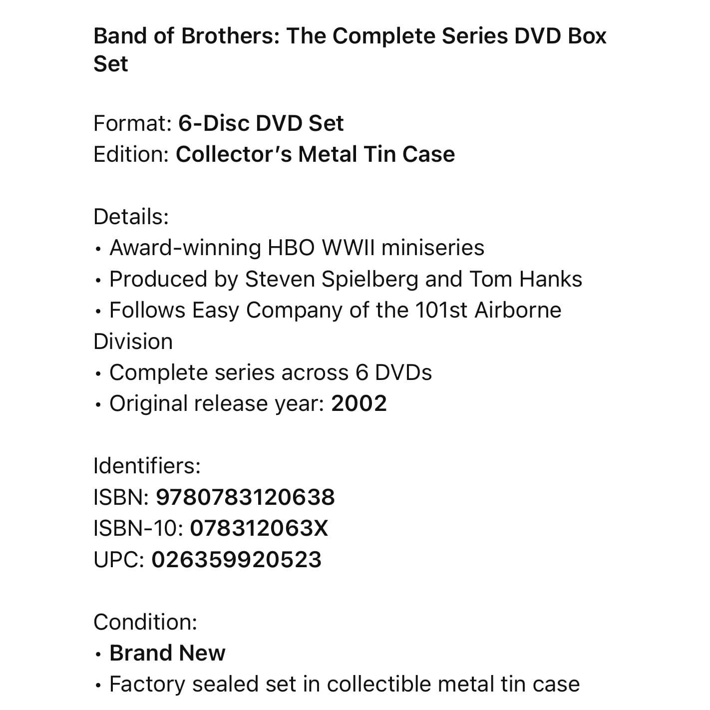 Band of Brothers Complete Series DVD Box Set Metal Tin HBO WWII New - Thumbnail 2