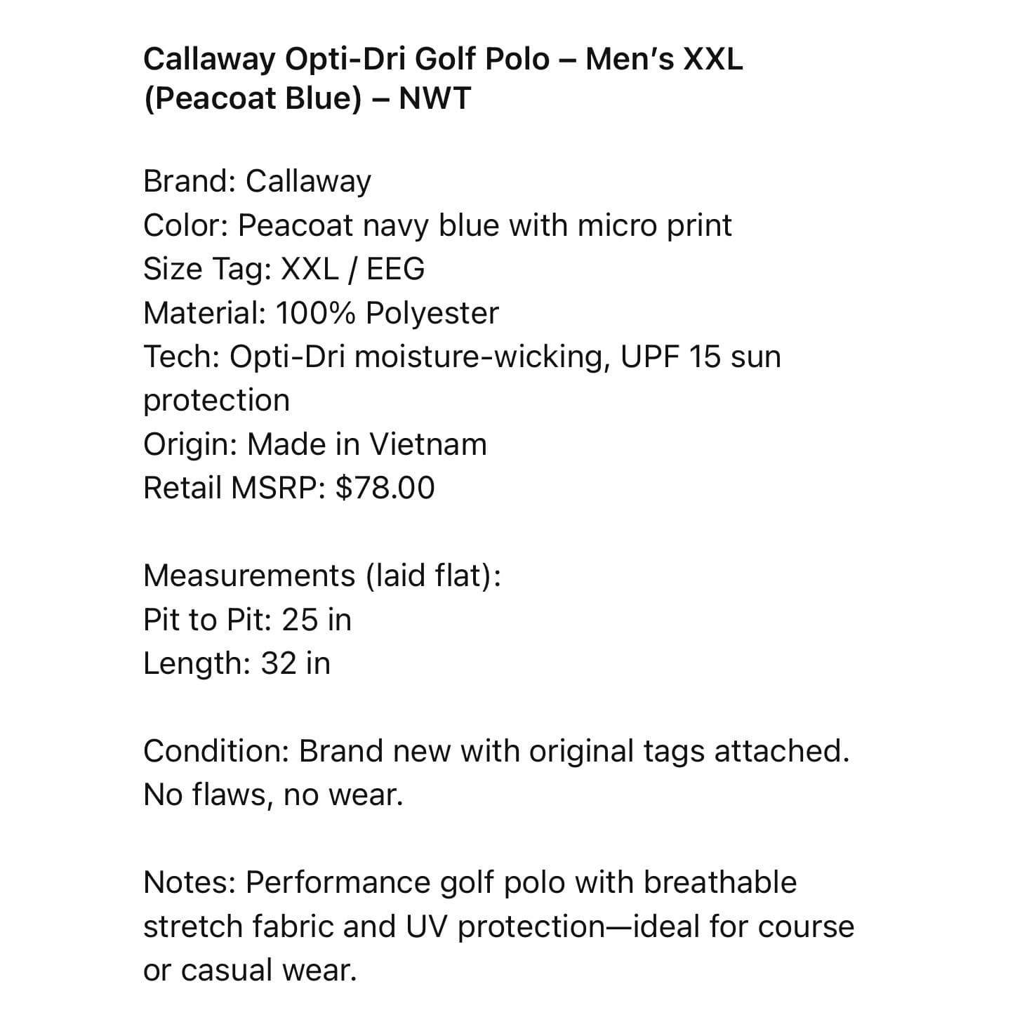 Callaway Opti-Dri Golf Polo Men's XXL Navy Micro Print UPF 15 NWT - Thumbnail 2