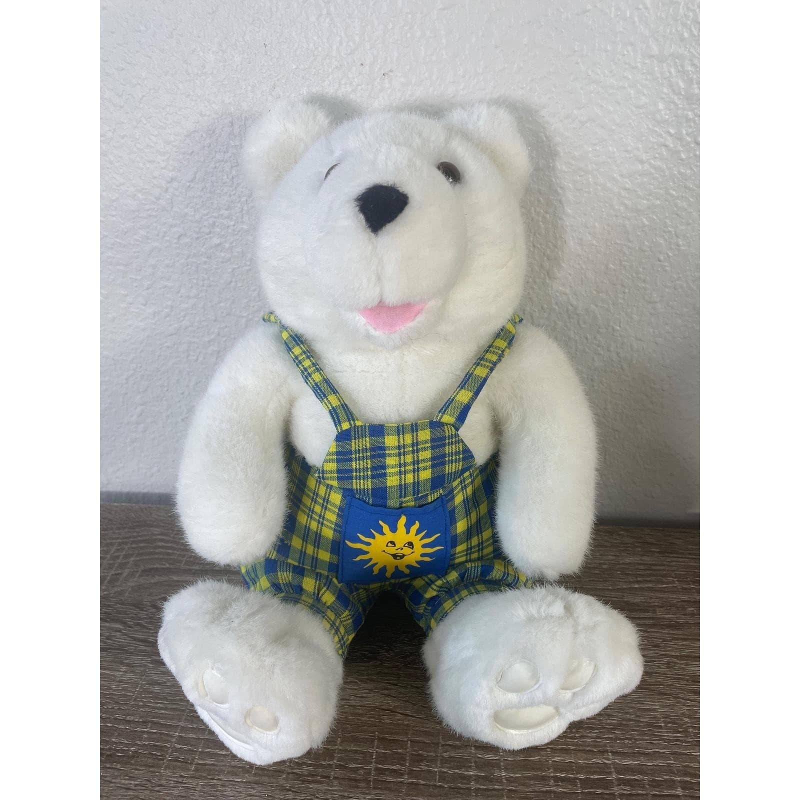 1994 The Petting Zoo Teddy Bear Plush White Sun Overalls Plaid Vintage Toy - Thumbnail 2
