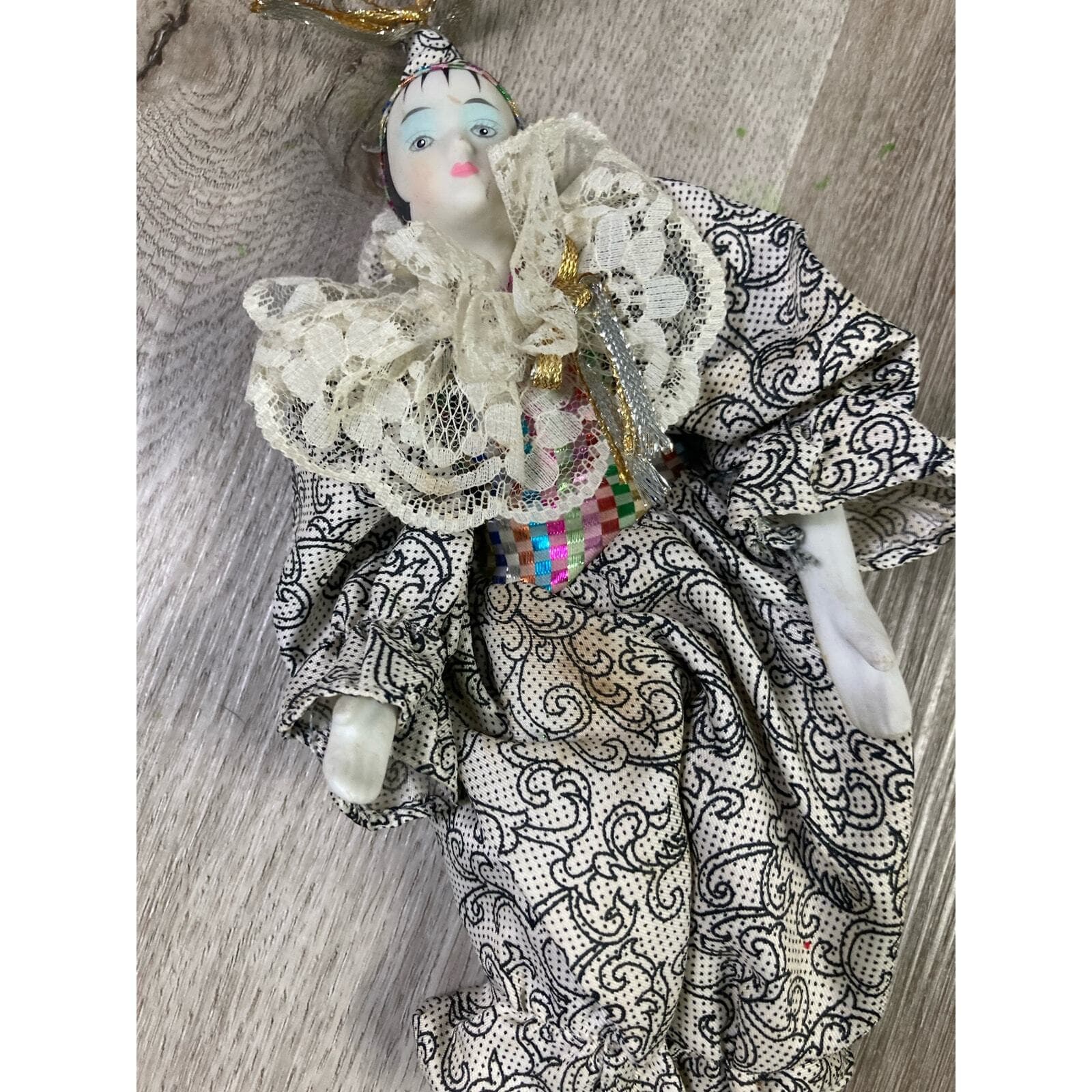 Vintage Harlequin Porcelain Clown Doll 10" Hand-Painted Figurine with Stand - Thumbnail 4
