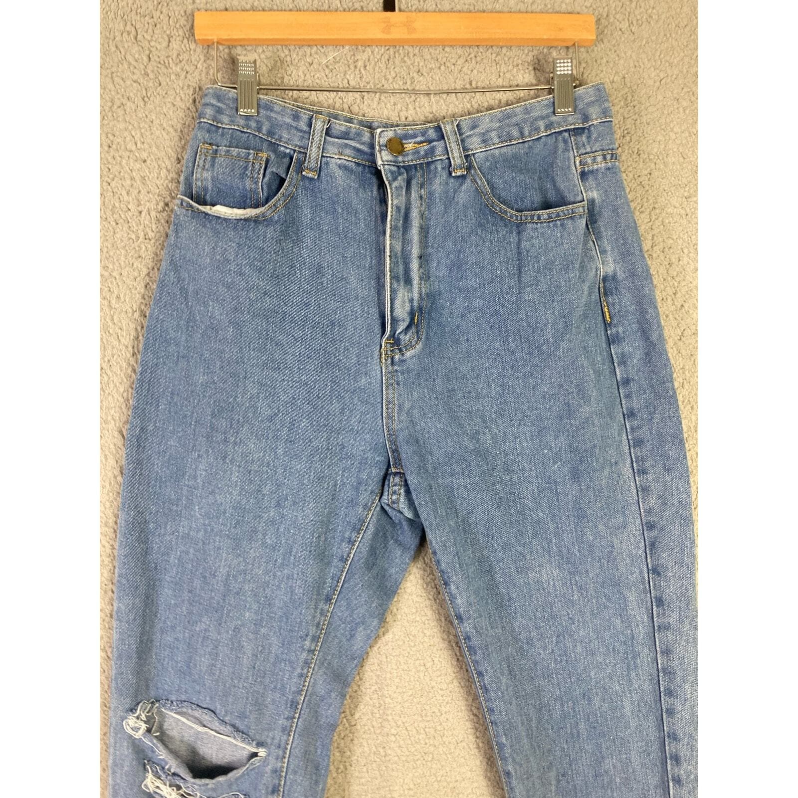 Women's High Waisted Distressed Straight Leg Jeans Blue Size M - Thumbnail 6