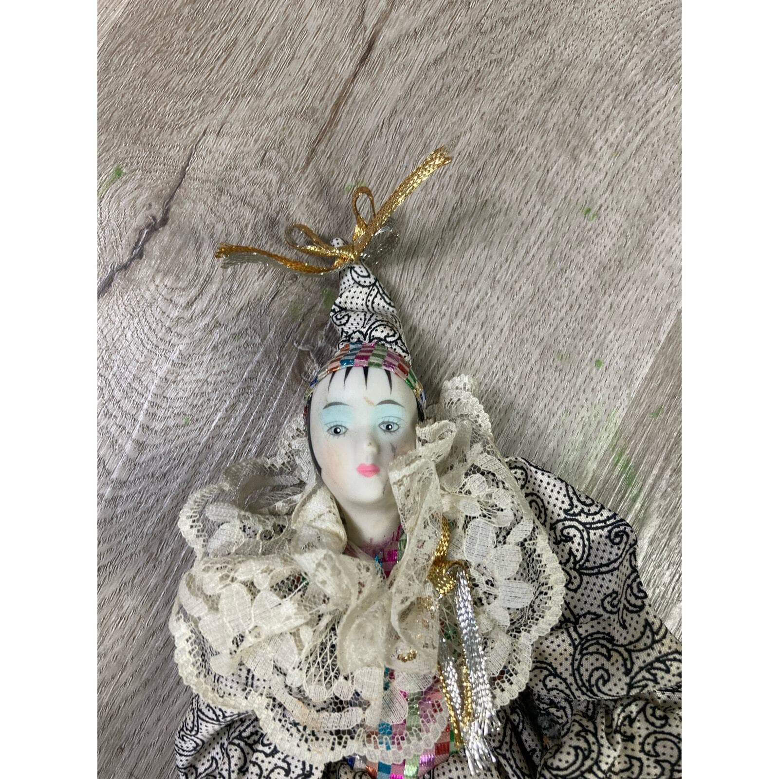 Vintage Harlequin Porcelain Clown Doll 10" Hand-Painted Figurine with Stand - Thumbnail 3