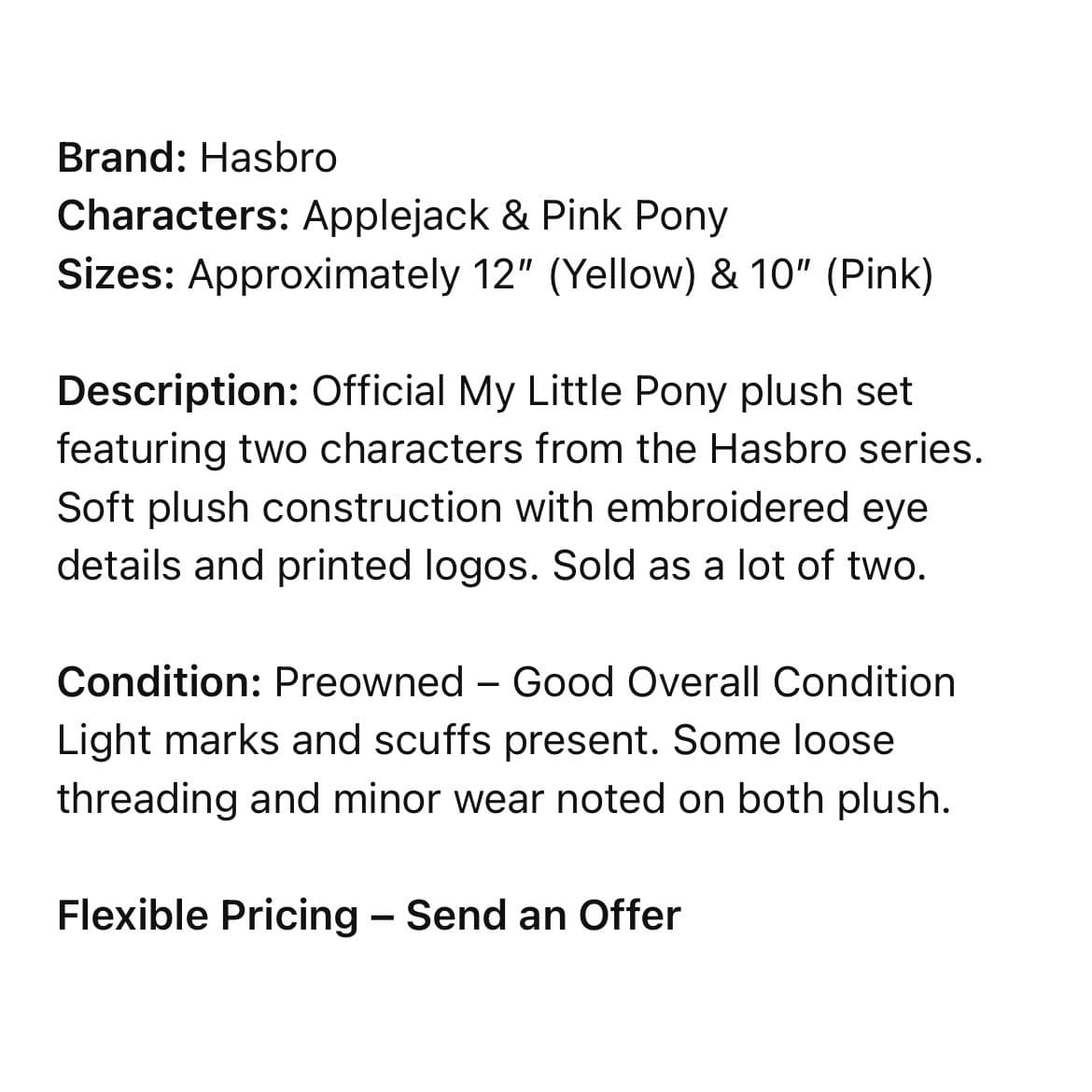 Hasbro My Little Pony Plush Applejack 12" and Tempest Shadow 10" Stuffed Toy Lot - Thumbnail 2