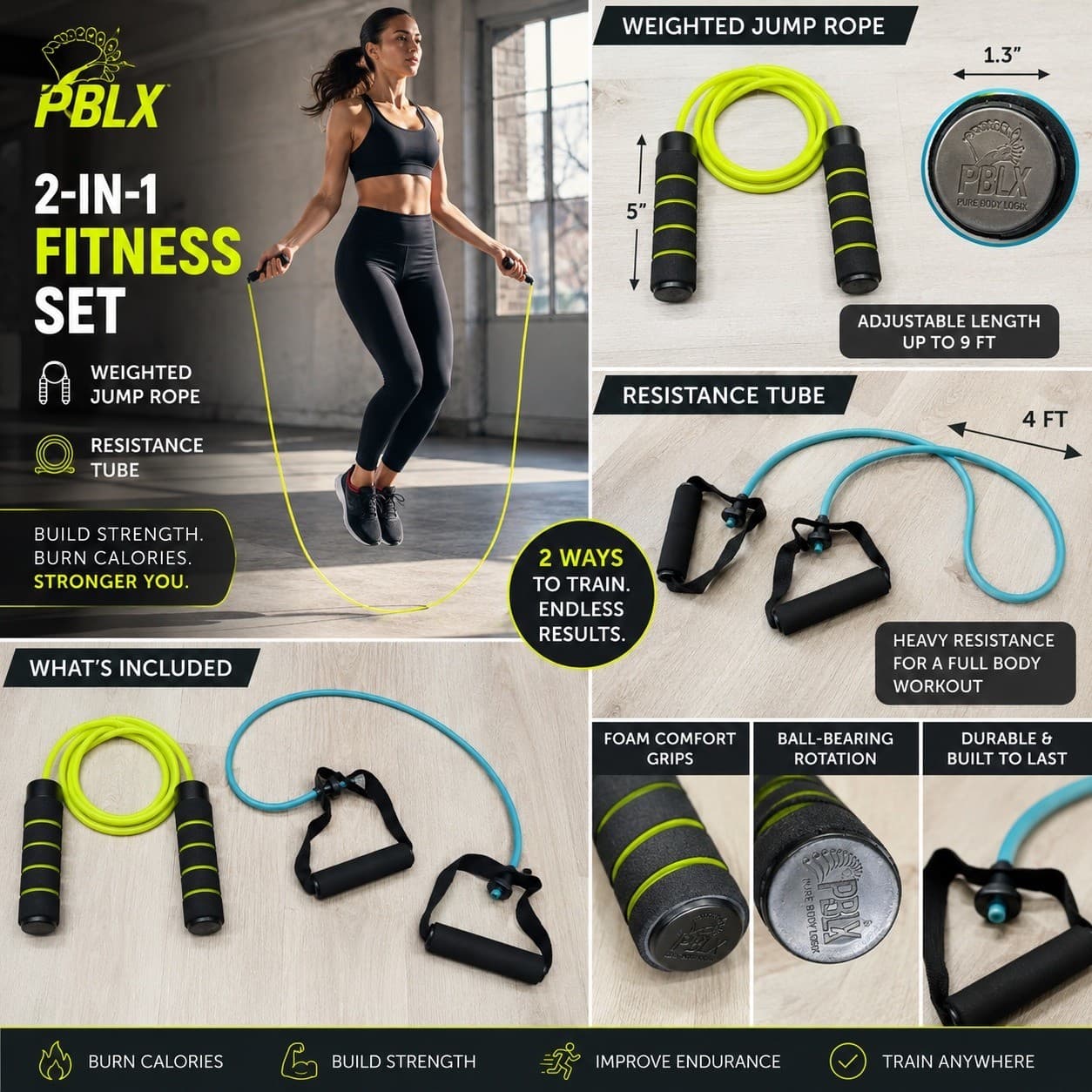 PBLX Weighted Jump Rope Resistance Band Set 2 in 1 Fitness Cardio Workout - Thumbnail 2