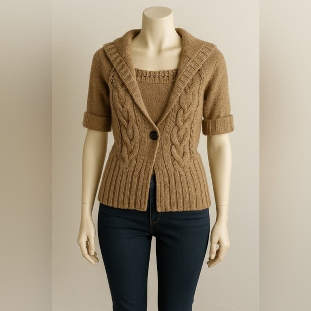 Ann Taylor LOFT Tan Cable Knit Short Sleeve Cardigan Sweater Hooded S - Thumbnail 2