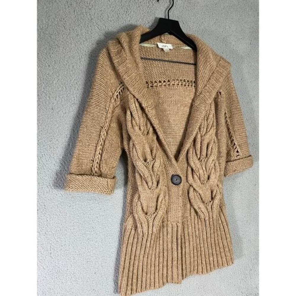 Ann Taylor LOFT Tan Cable Knit Short Sleeve Cardigan Sweater Hooded S - Thumbnail 13