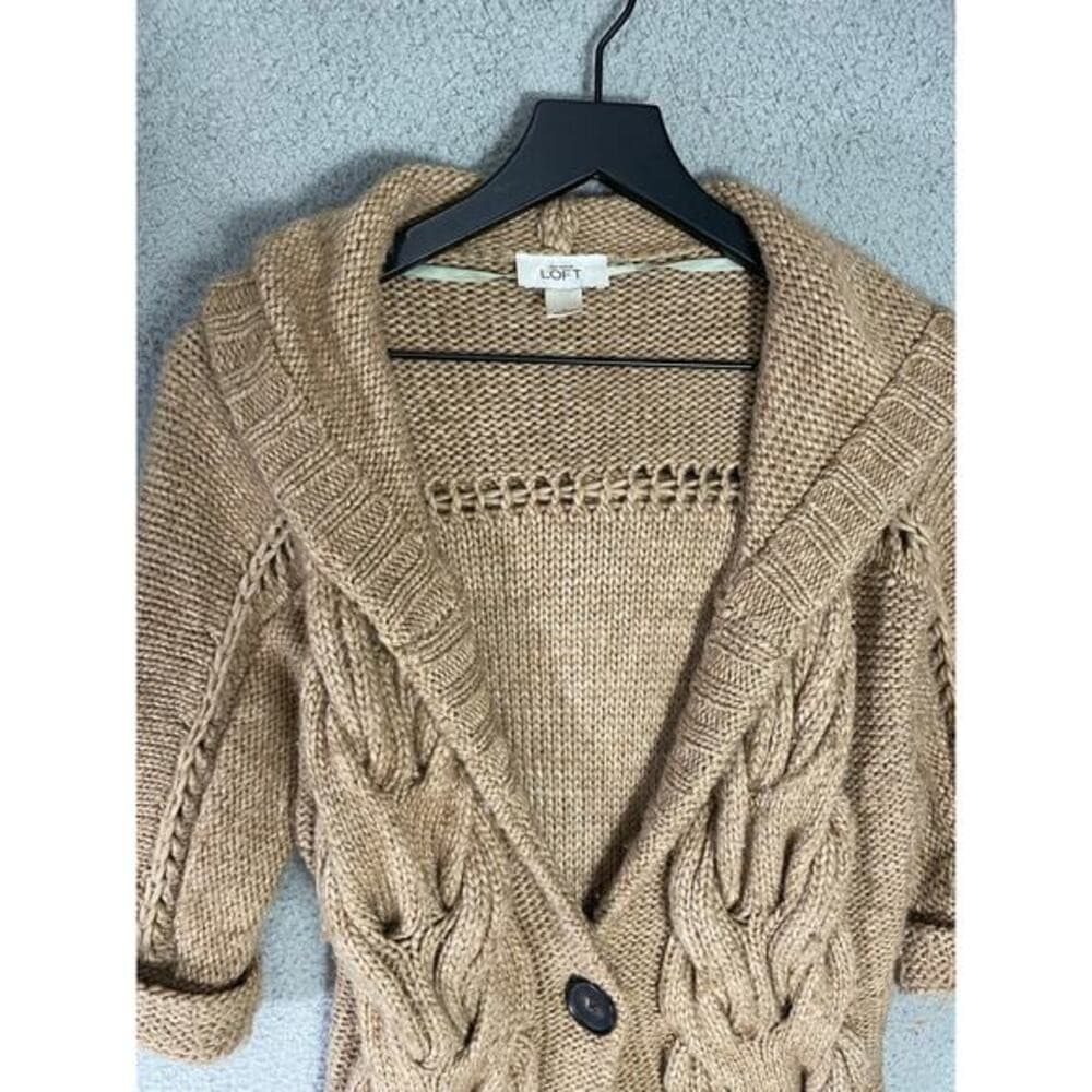 Ann Taylor LOFT Tan Cable Knit Short Sleeve Cardigan Sweater Hooded S - Thumbnail 12