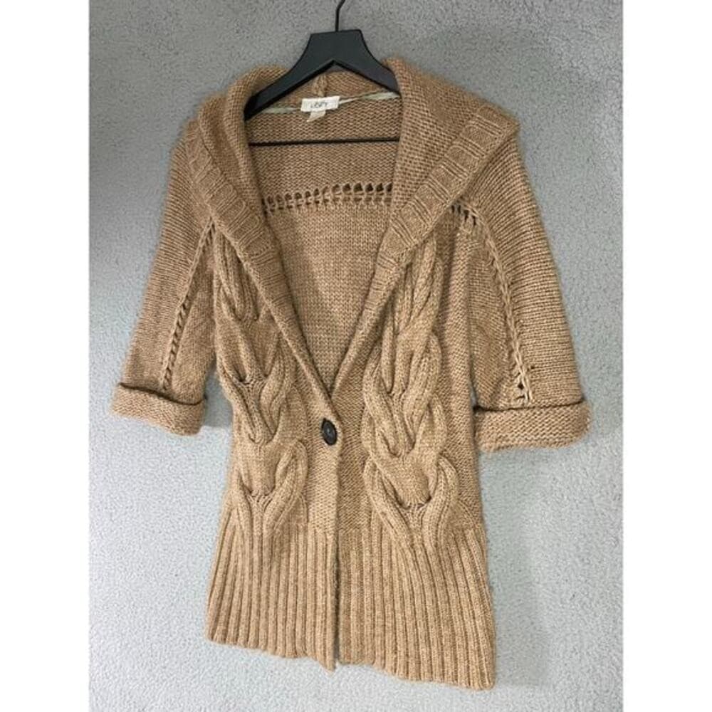 Ann Taylor LOFT Tan Cable Knit Short Sleeve Cardigan Sweater Hooded S - Thumbnail 11
