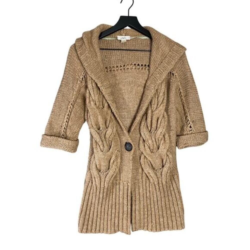 Ann Taylor LOFT Tan Cable Knit Short Sleeve Cardigan Sweater Hooded S - Thumbnail 3