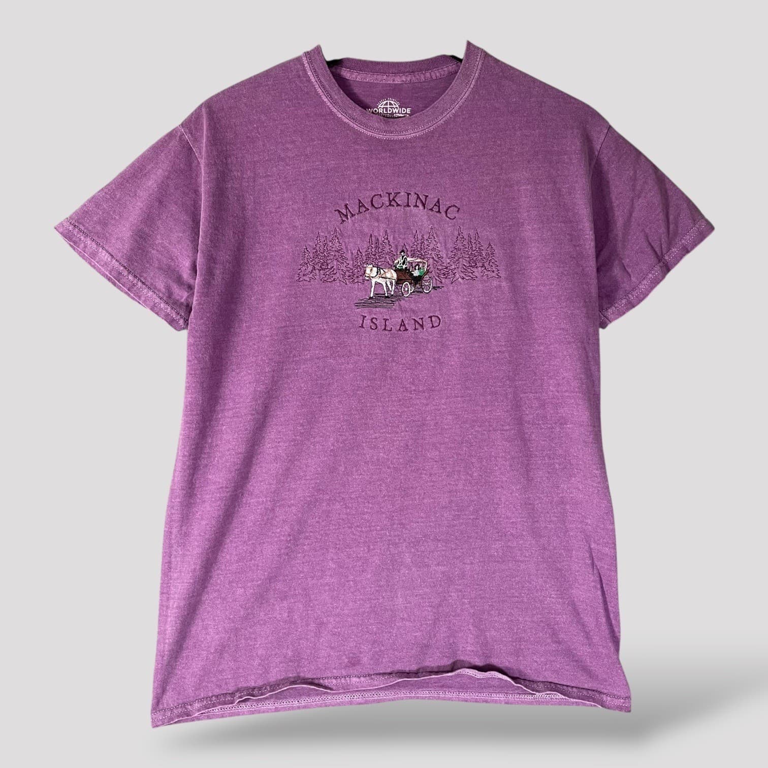 Mackinac Island Horse Carriage Embroidered Graphic Tee Purple Medium Souvenir