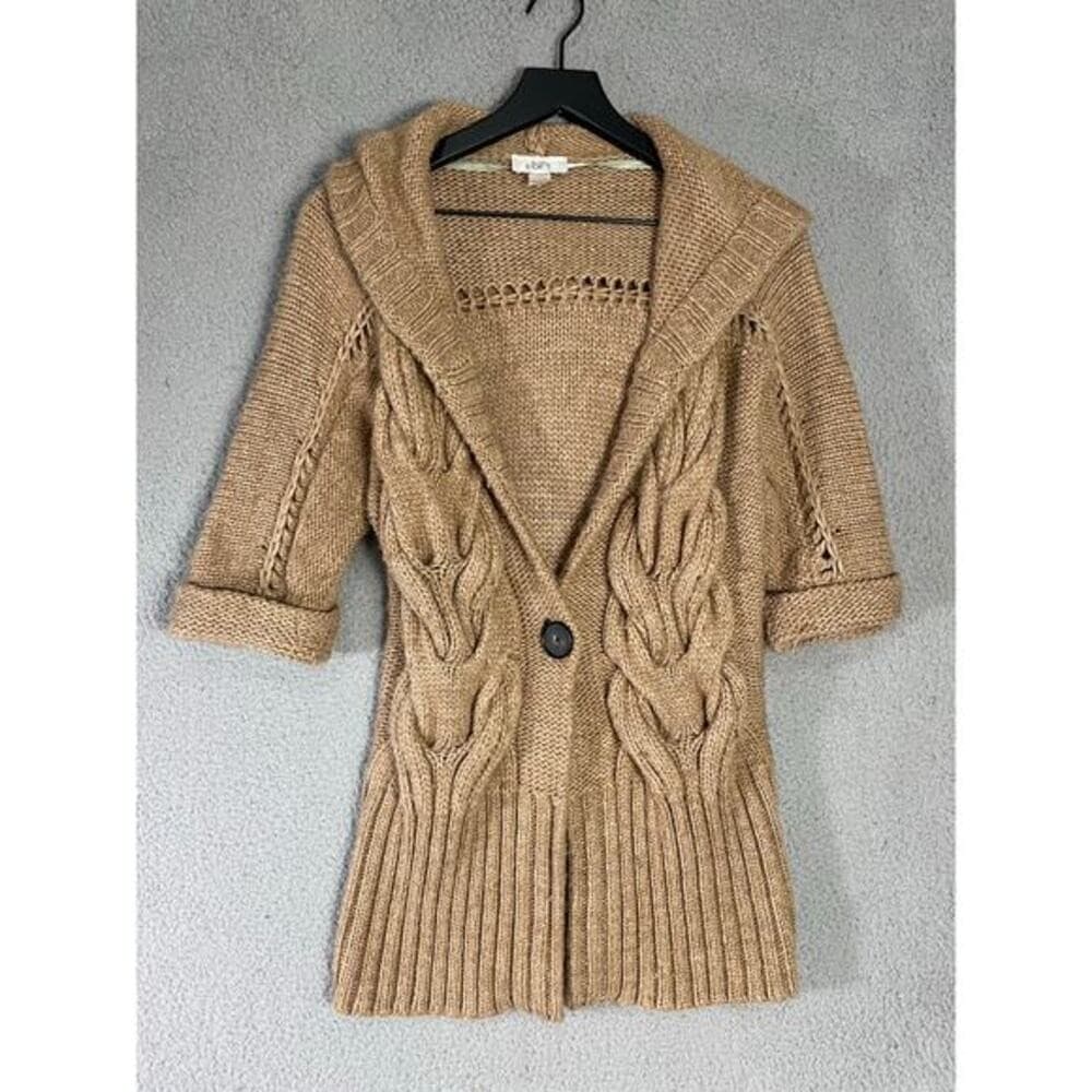 Ann Taylor LOFT Tan Cable Knit Short Sleeve Cardigan Sweater Hooded S - Thumbnail 9
