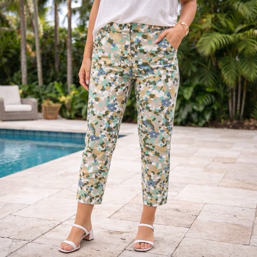Tory Burch Floral Camo Pants Womens 10 Slim Cropped Stretch Designer Trousers