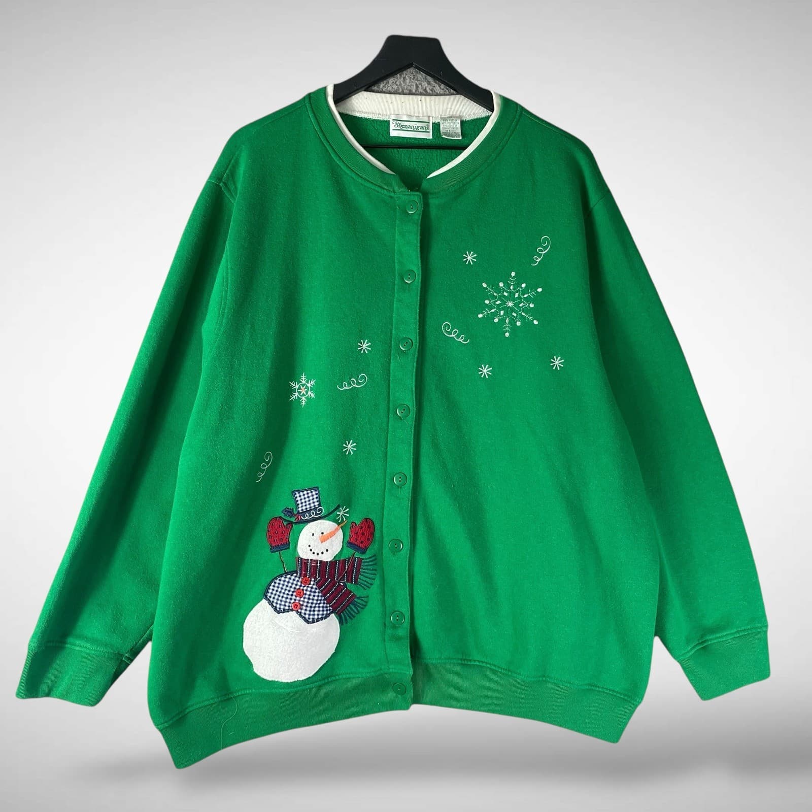 Shenanigans Green Snowman Vintage Snowflake Button Front Cardigan Sweatshirt 3X - Thumbnail 3