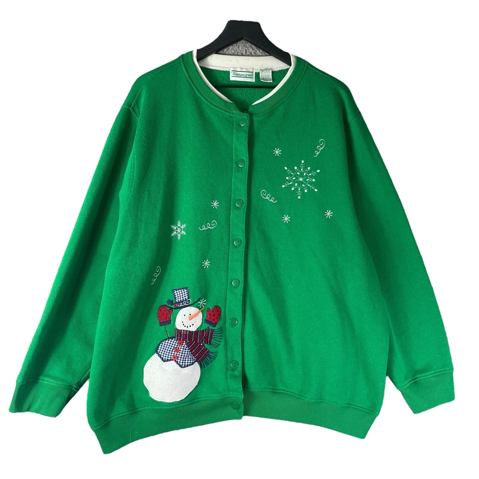 Shenanigans Green Snowman Vintage Snowflake Button Front Cardigan Sweatshirt 3X - Thumbnail 4