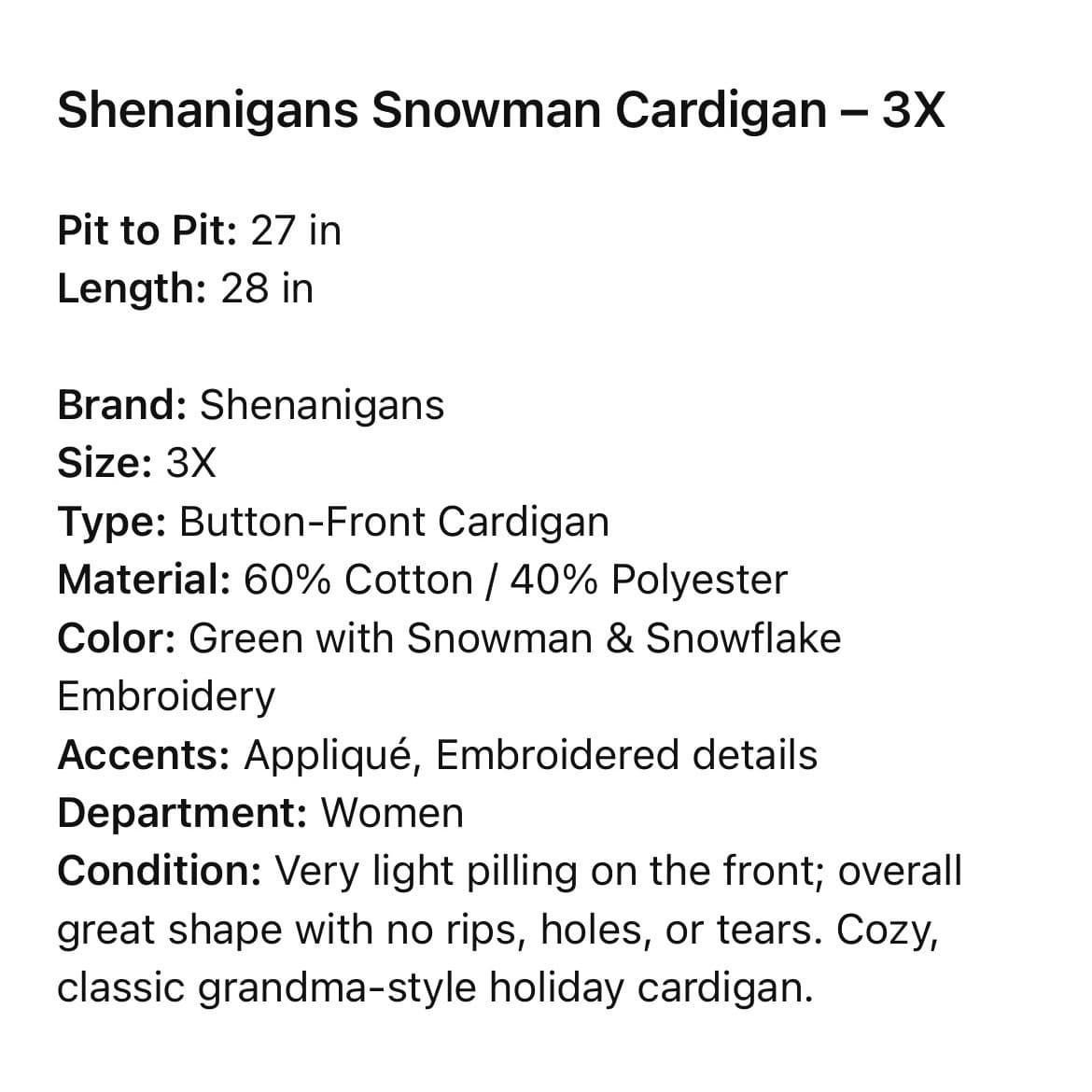 Shenanigans Green Snowman Vintage Snowflake Button Front Cardigan Sweatshirt 3X - Thumbnail 2