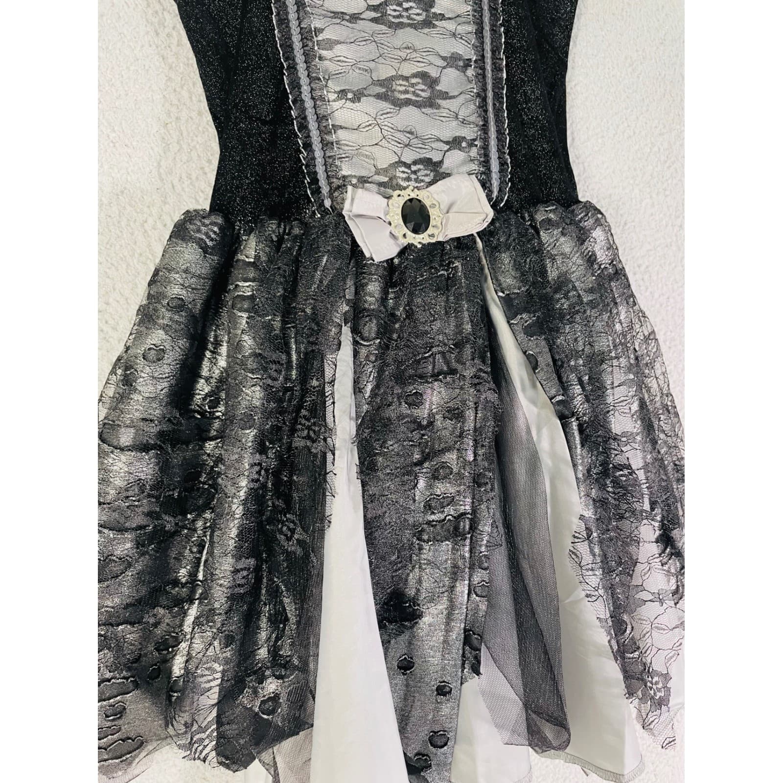 Girls Halloween Witch Costume Dress Large Black Silver Lace Party Spooky - Thumbnail 4