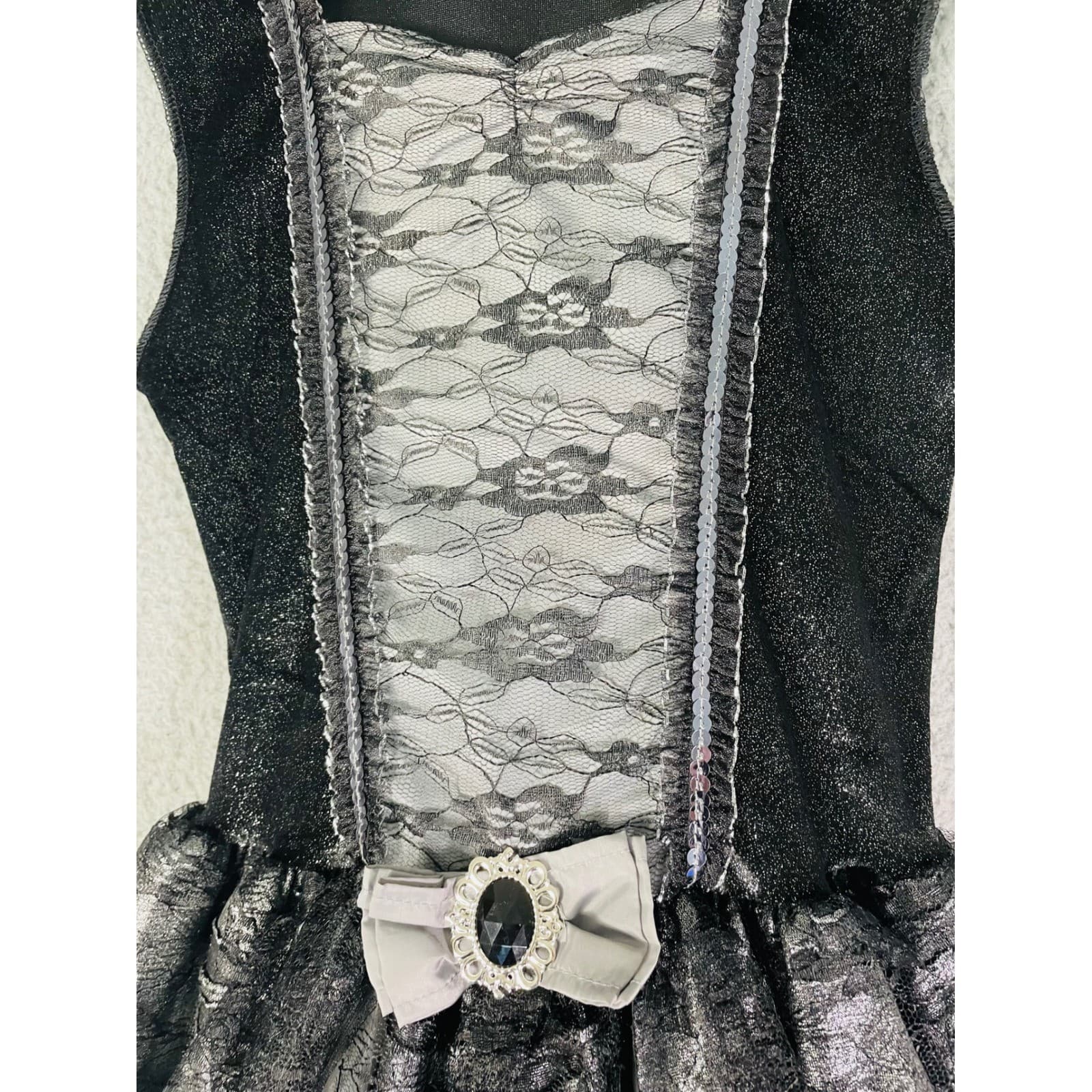 Girls Halloween Witch Costume Dress Large Black Silver Lace Party Spooky - Thumbnail 6