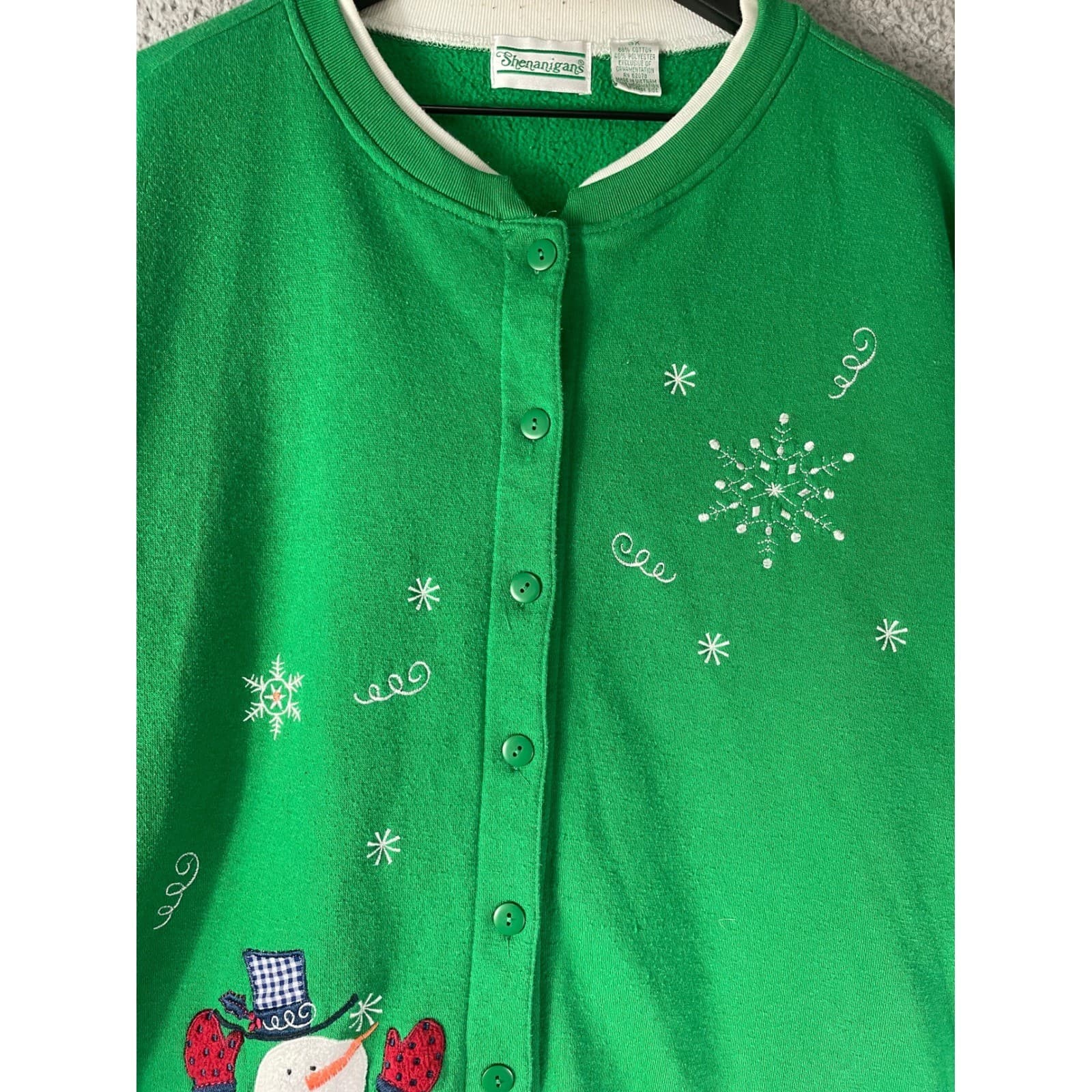 Shenanigans Green Snowman Vintage Snowflake Button Front Cardigan Sweatshirt 3X - Thumbnail 12